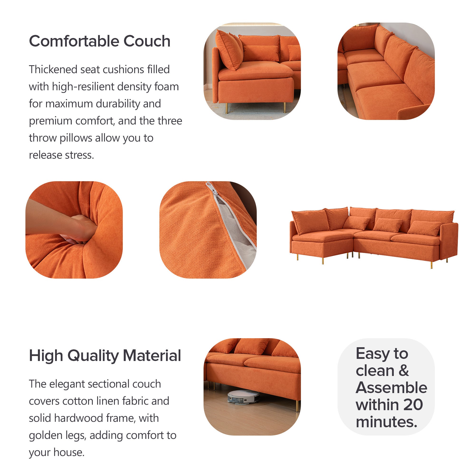 Modular L-shaped Corner sofa ,Left Hand Facing Sectional Couch,Orange Cotton Linen-90.9''