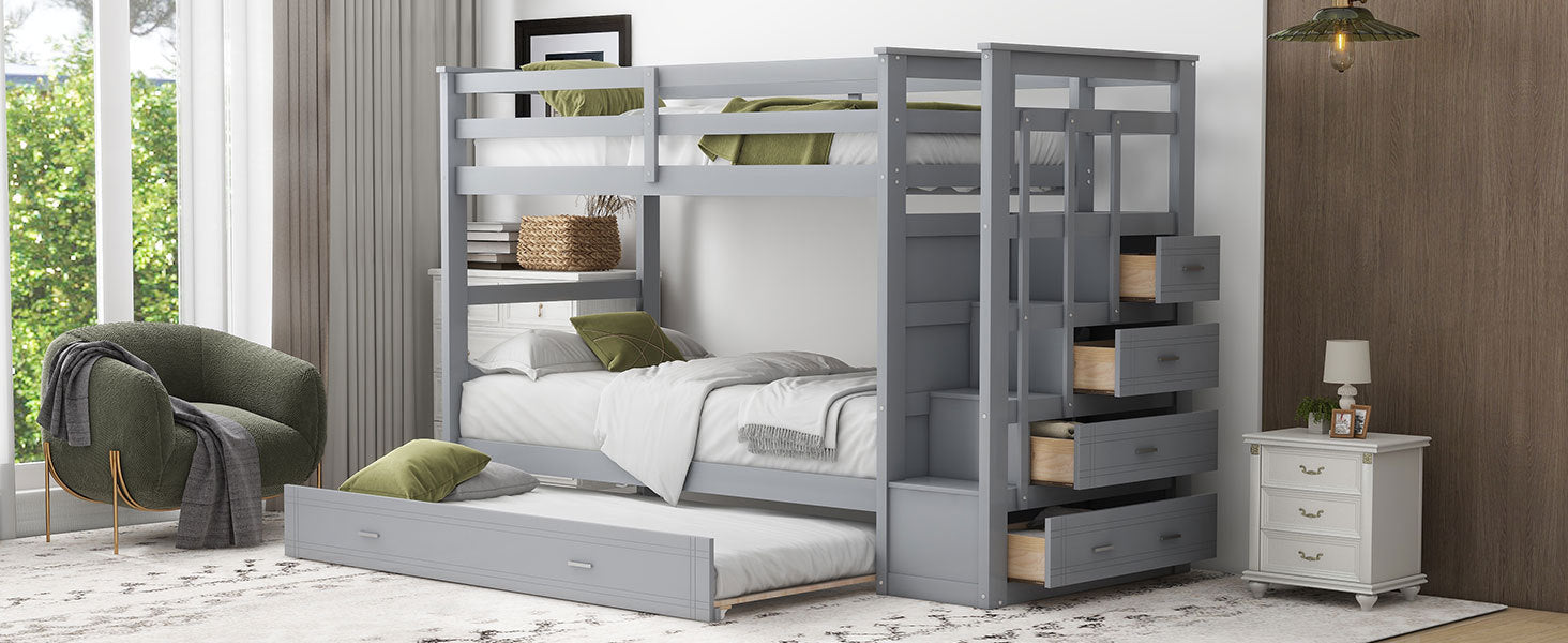 Twin Over Twin Bunk Bed with Trundle and Staircase,Gray(OLD SKU:LT000068AAE) - Atlantic Fine Furniture Melbourne FL