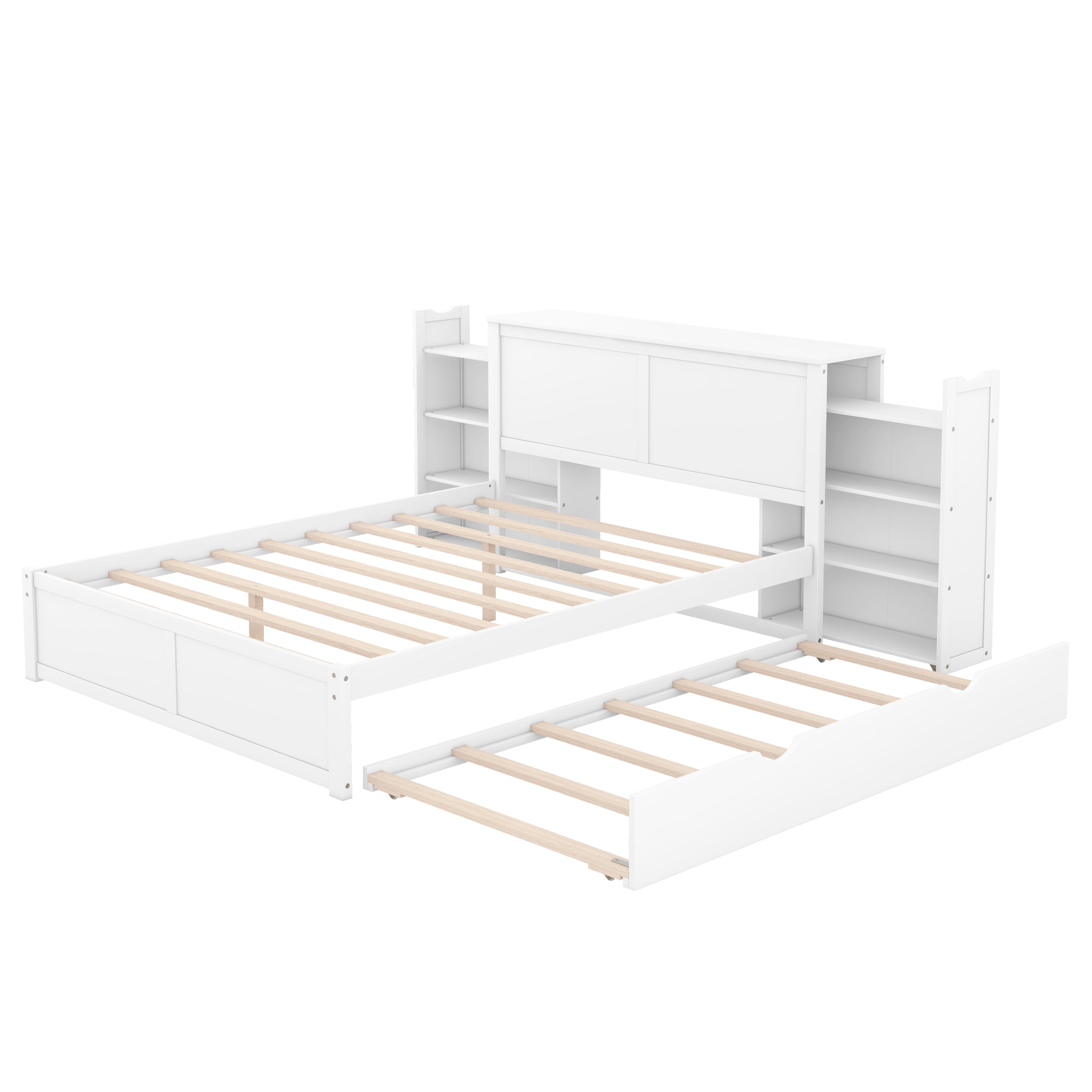 Queen Size Storage Platform Bed with Pull Out Shelves and Twin XL Size Trundle, White
