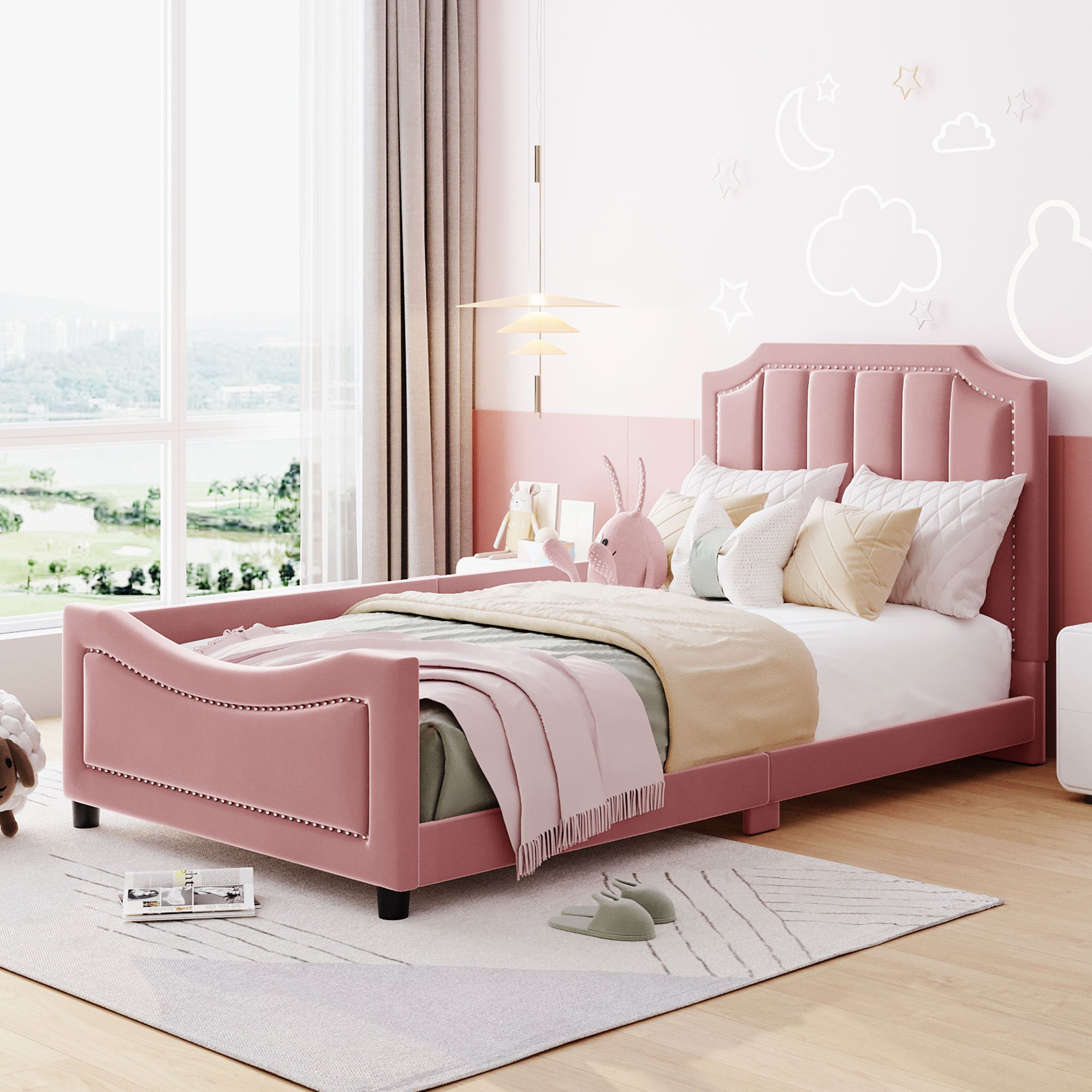 Twin Size Upholstered Daybed with Classic Stripe Shaped Headboard, Pink - Atlantic Fine Furniture Melbourne FL