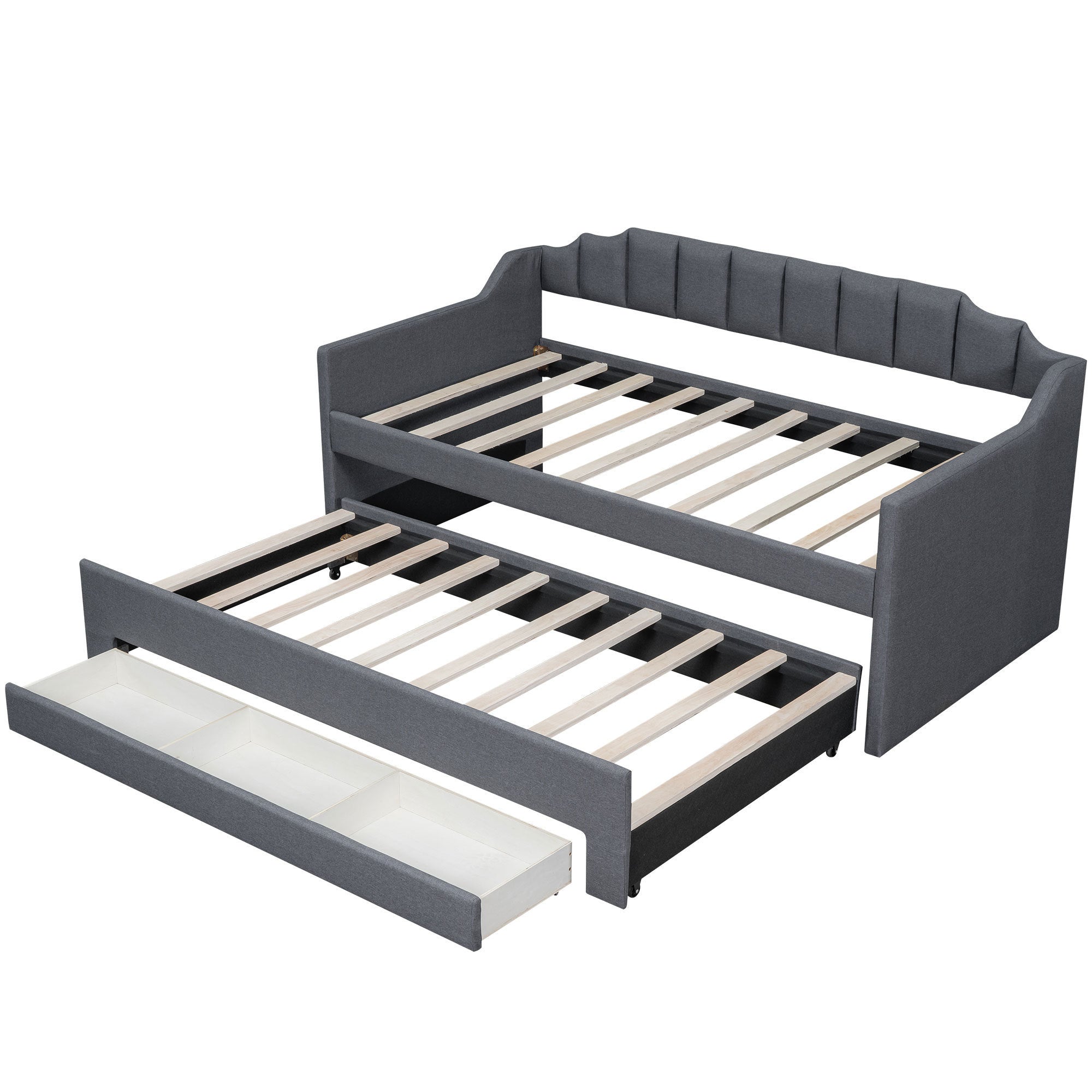 Twin Size Upholstered Daybed with Trundle and Three Drawers,Gray - Atlantic Fine Furniture Melbourne FL
