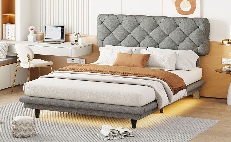 Full Size Upholstered Bed with Light Stripe, Floating Platform Bed, Linen Fabric,Gray - Atlantic Fine Furniture Melbourne FL
