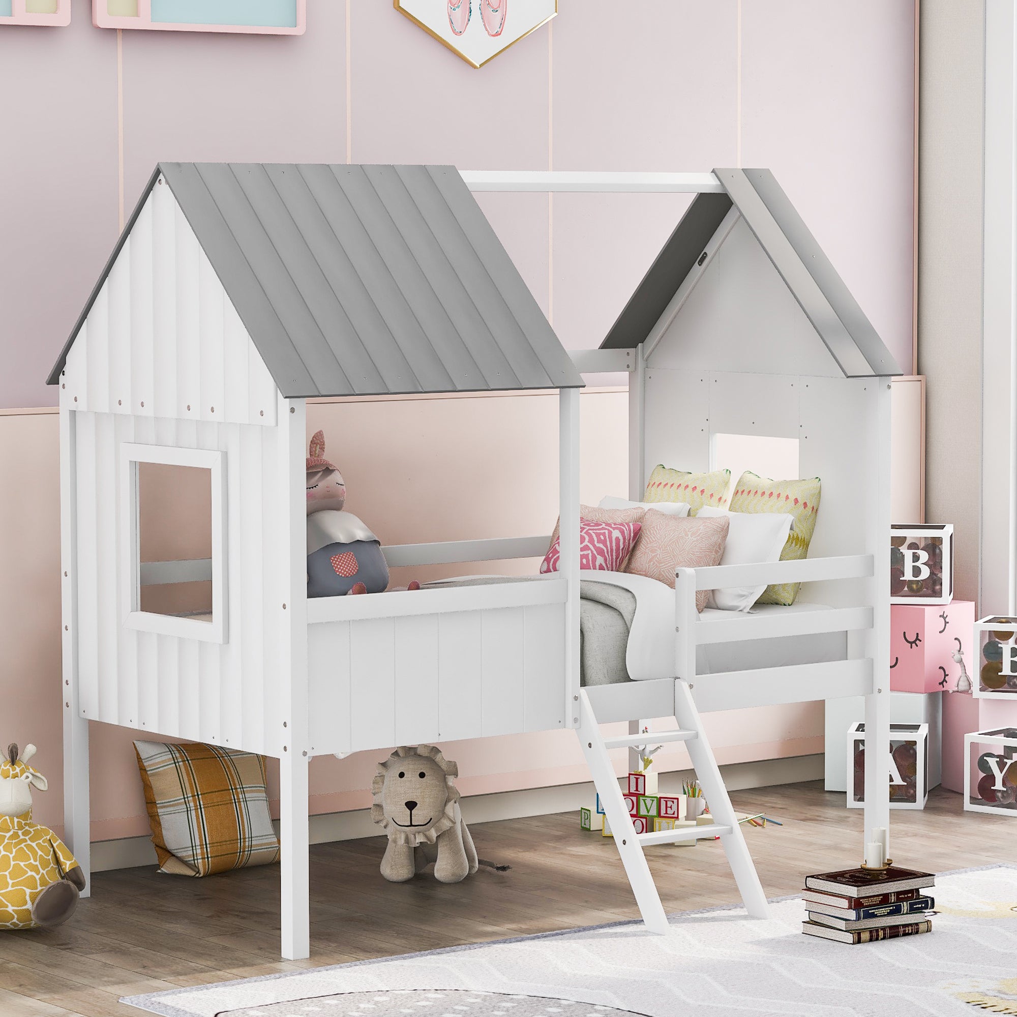 Twin Size Low Loft Wood House Bed with Two Side Windows (White+Gray)(OLD SKU: LP000037AAE)