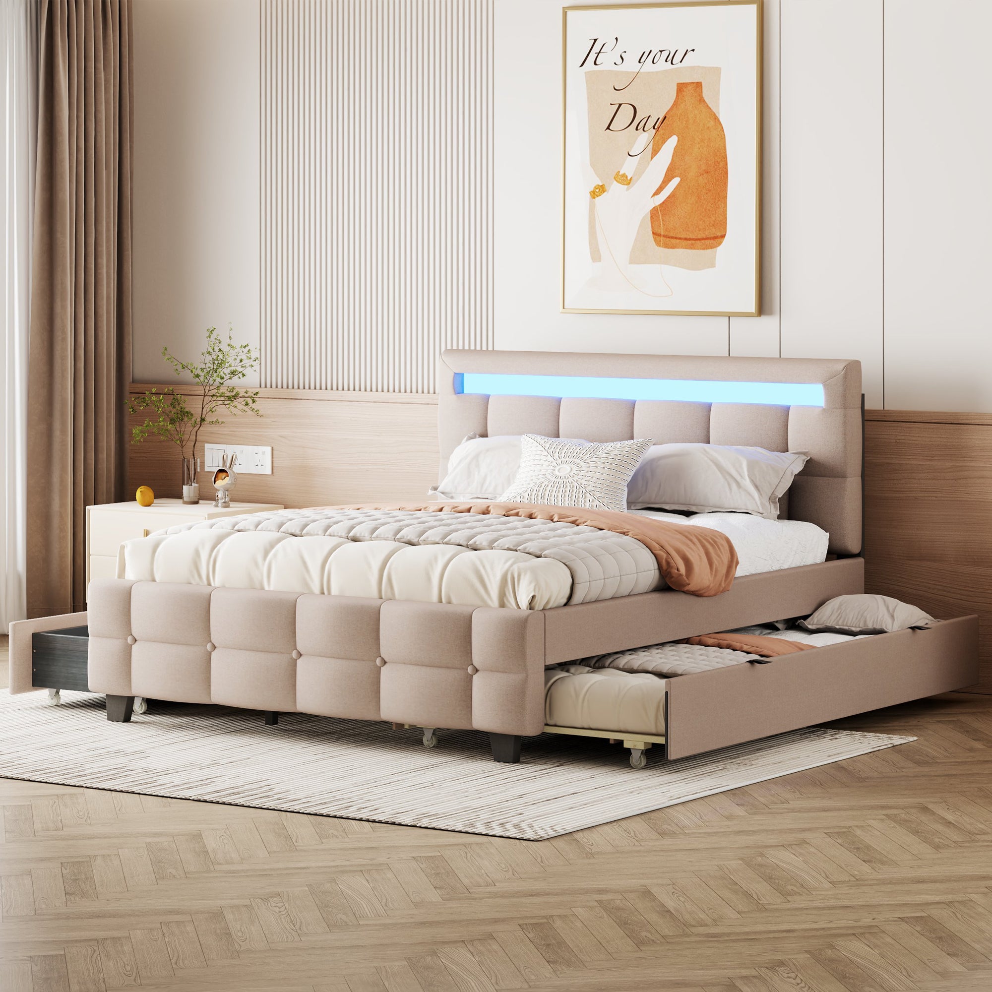 Queen Size Upholstered Platform Bed with LED Frame, with Twin XL Size Trundle and 2 drawers, Linen Fabric, Beige - Atlantic Fine Furniture Melbourne FL