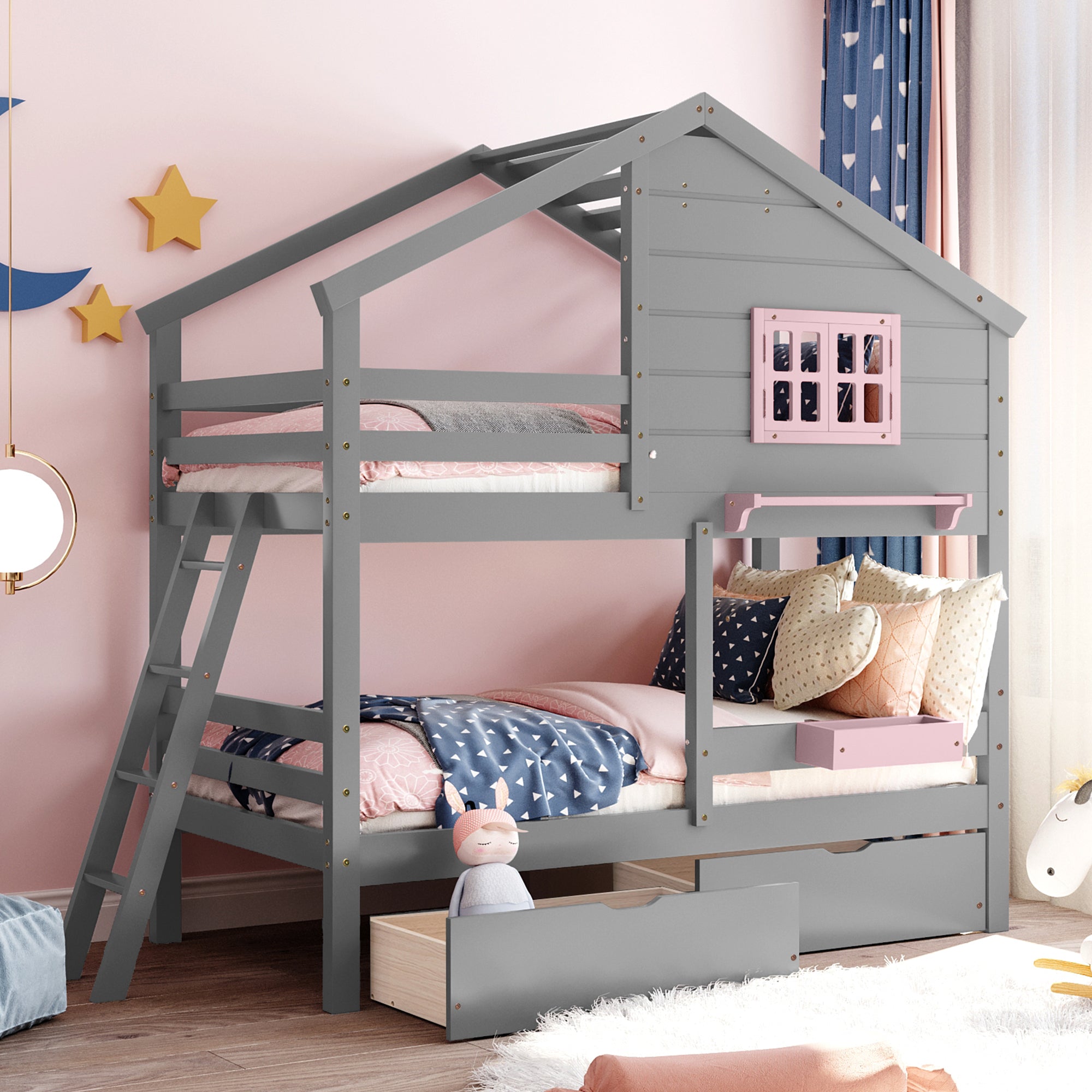 Twin over Twin Bunk Bed with 2 Drawers, 1 Storage Box, 1 Shelf, Window and Roof-Gray(OLD SKU:LT000608AAE) - Atlantic Fine Furniture Melbourne FL