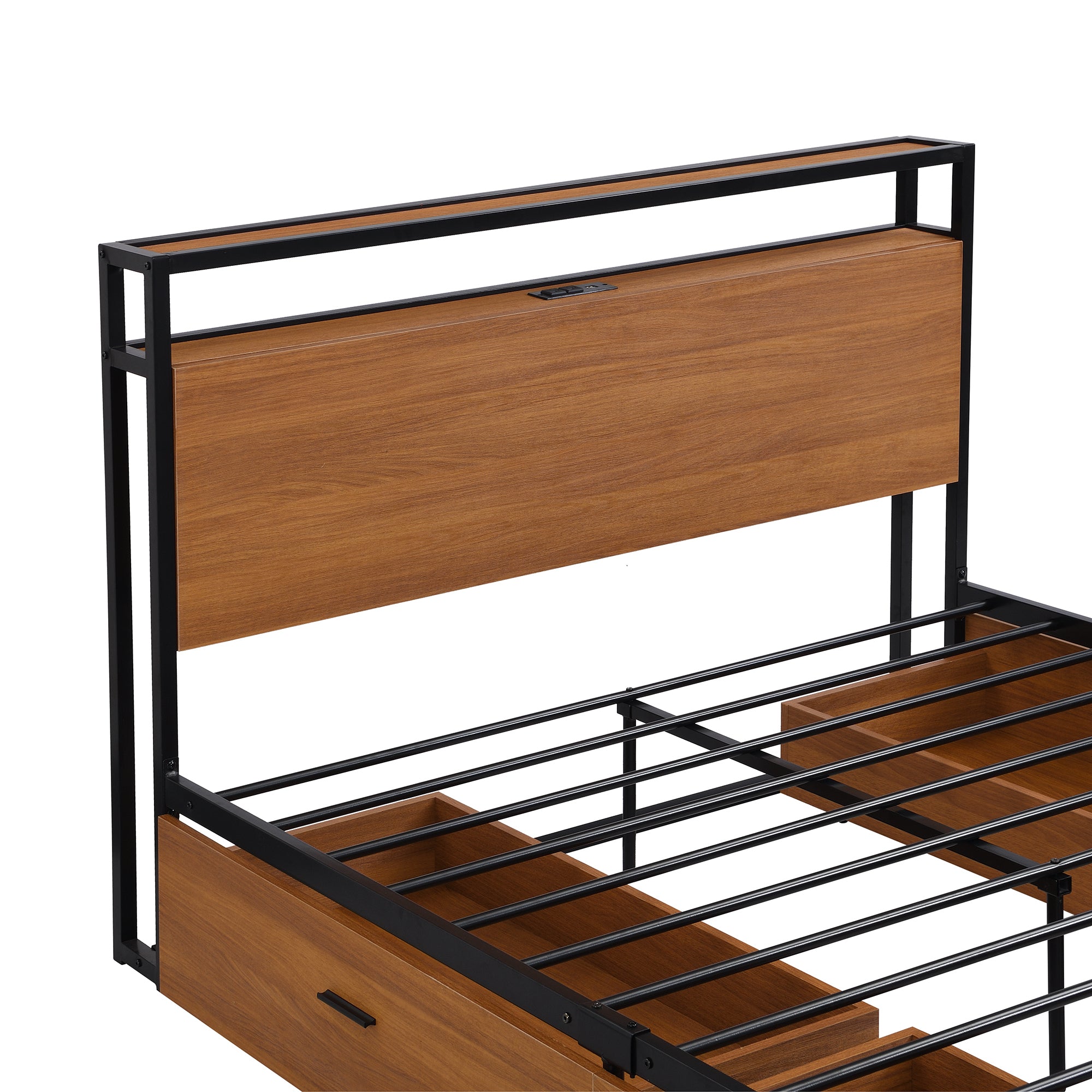 Full Size Metal Platform Bed Frame with Four Drawers,Sockets and USB Ports ,Slat Support No Box Spring Needed Black - Atlantic Fine Furniture Melbourne FL