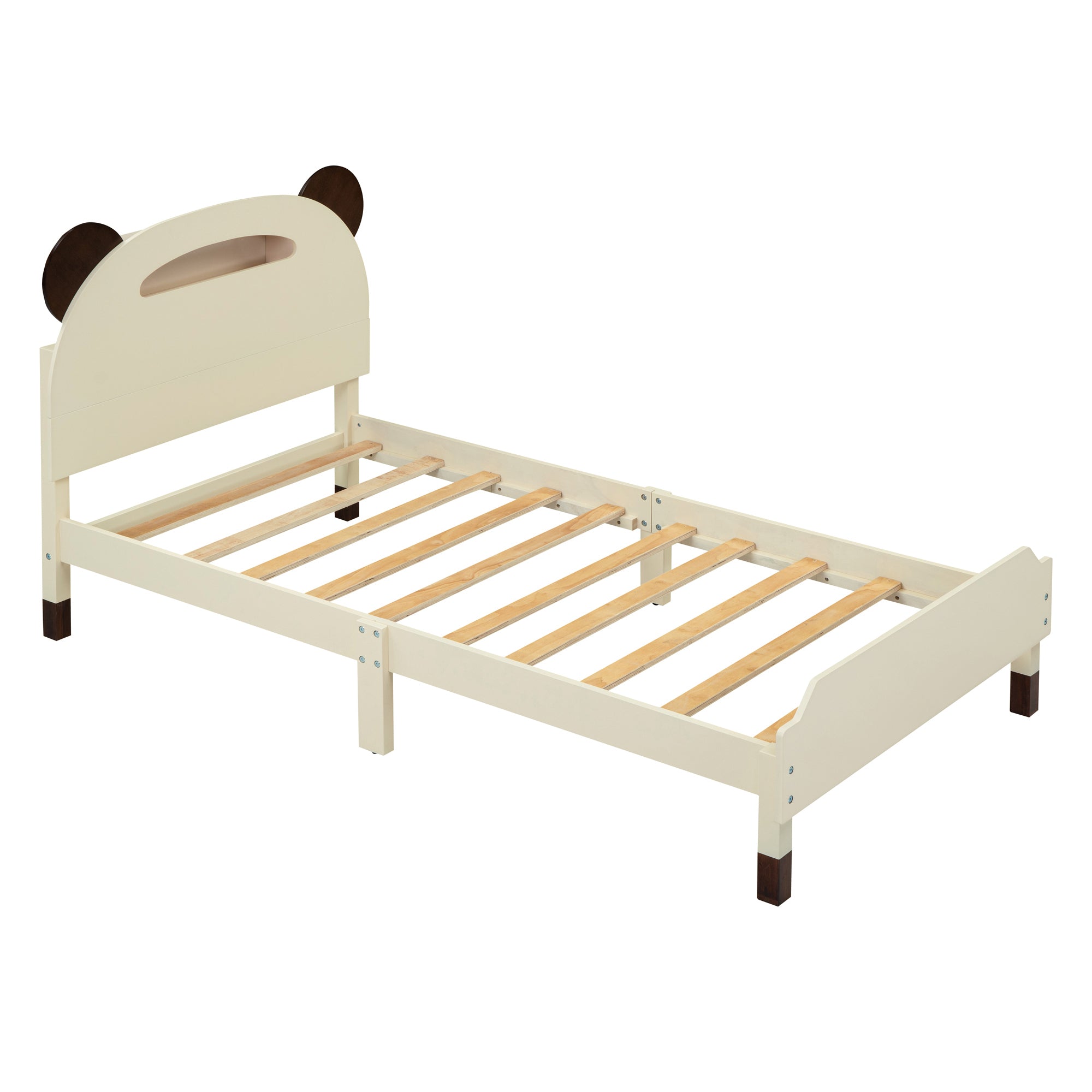 Twin Size Wood Platform Bed with Bear-shaped Headboard,Bed with Motion Activated Night Lights,Cream+Walnut - Atlantic Fine Furniture Melbourne FL