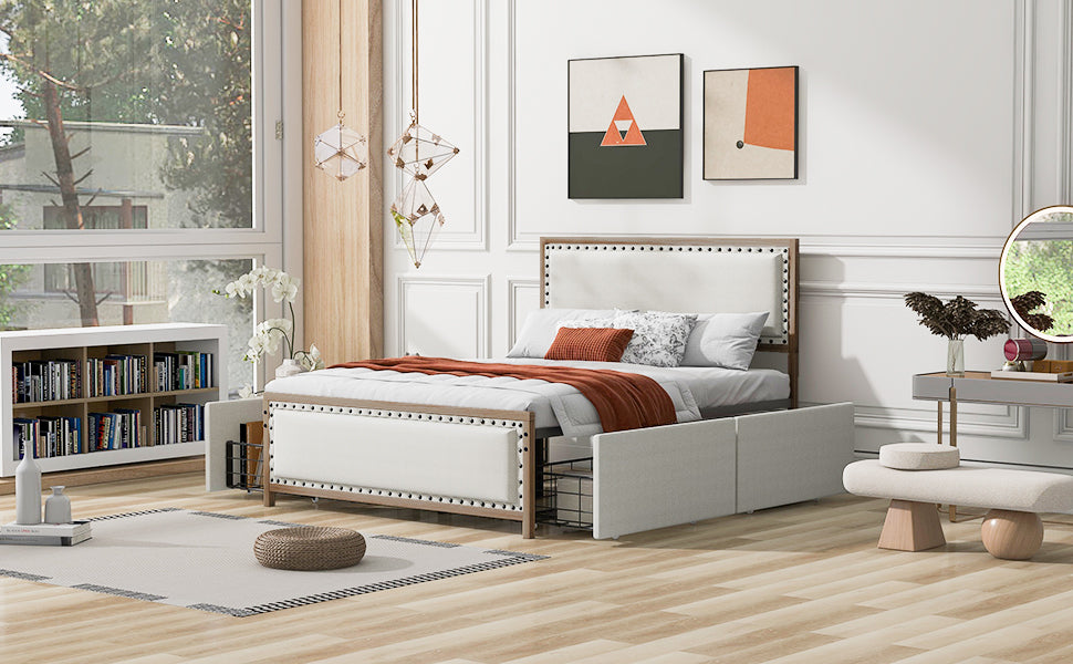 Queen Size Upholstered Platform Bed with Nailhead Decoration and 4 Drawers, Brown - Atlantic Fine Furniture Melbourne FL
