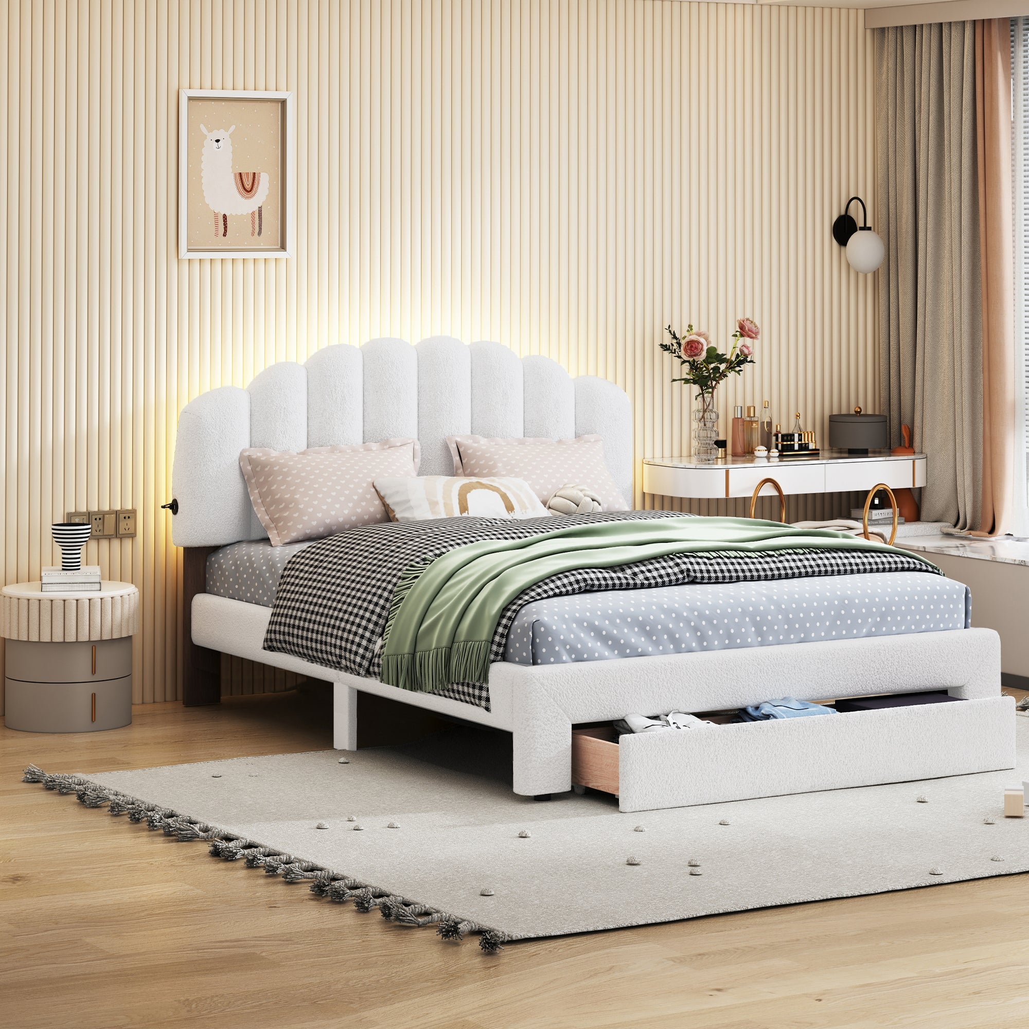 Teddy Fleece Queen Size Upholstered Platform Bed with Drawer, White - Atlantic Fine Furniture Melbourne FL