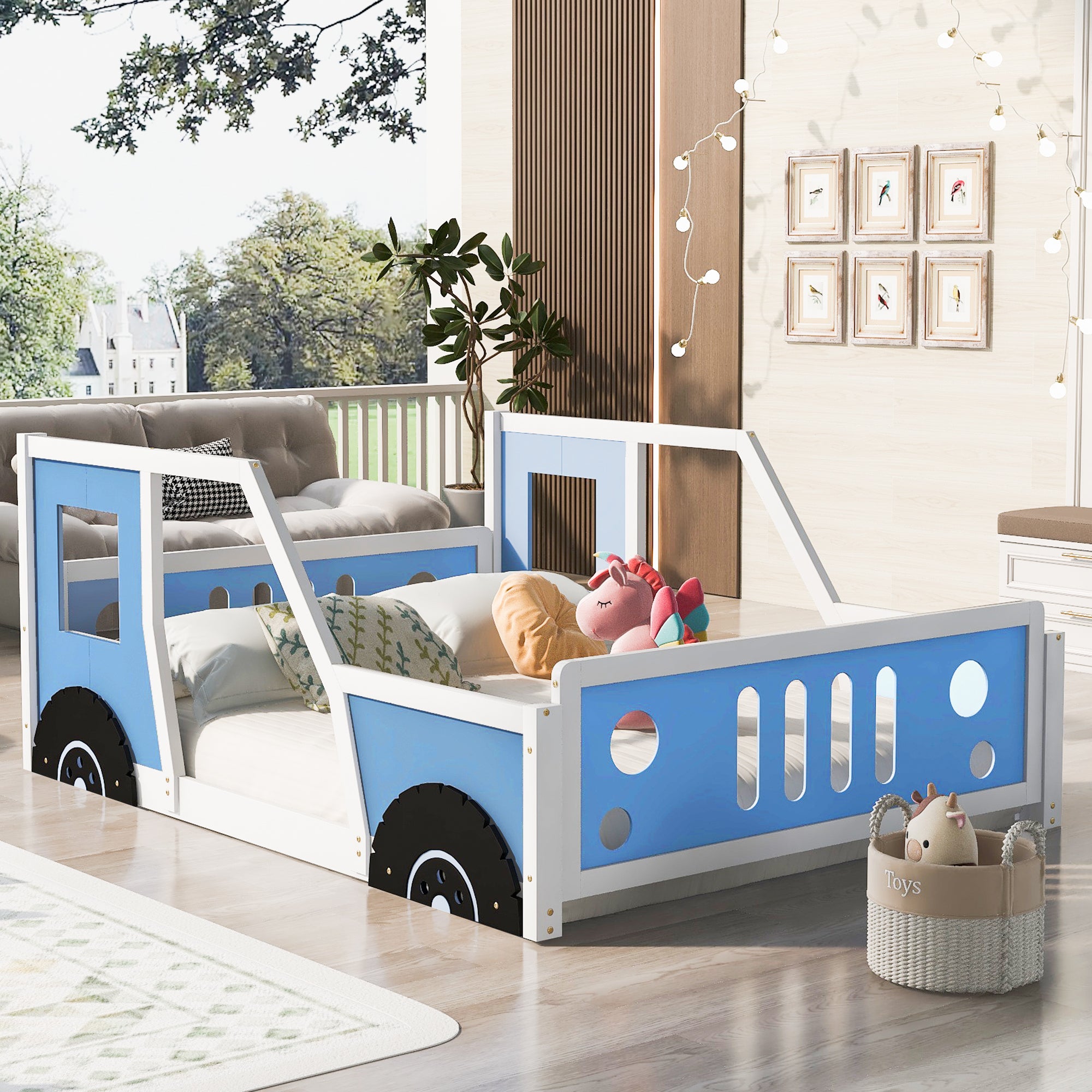Full Size Classic Car-Shaped Platform Bed with Wheels,Blue - Atlantic Fine Furniture Melbourne FL