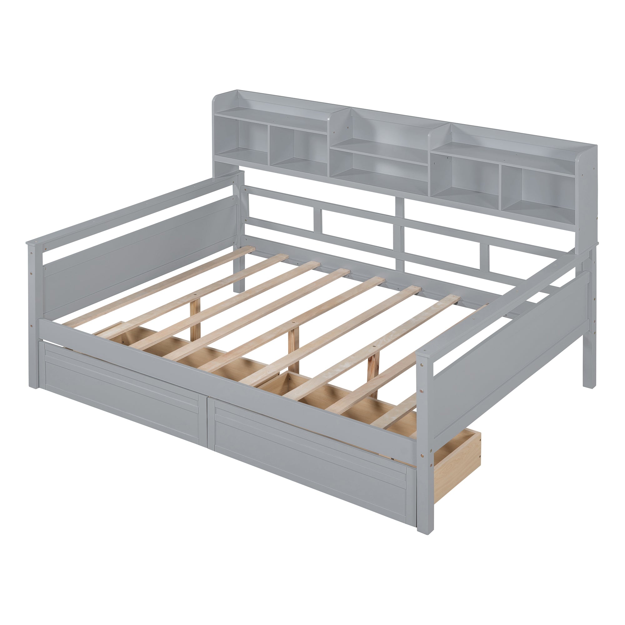 Full size Daybed, Wood Slat Support, with Bedside Shelf and Two Drawers, Gray - Atlantic Fine Furniture Melbourne FL