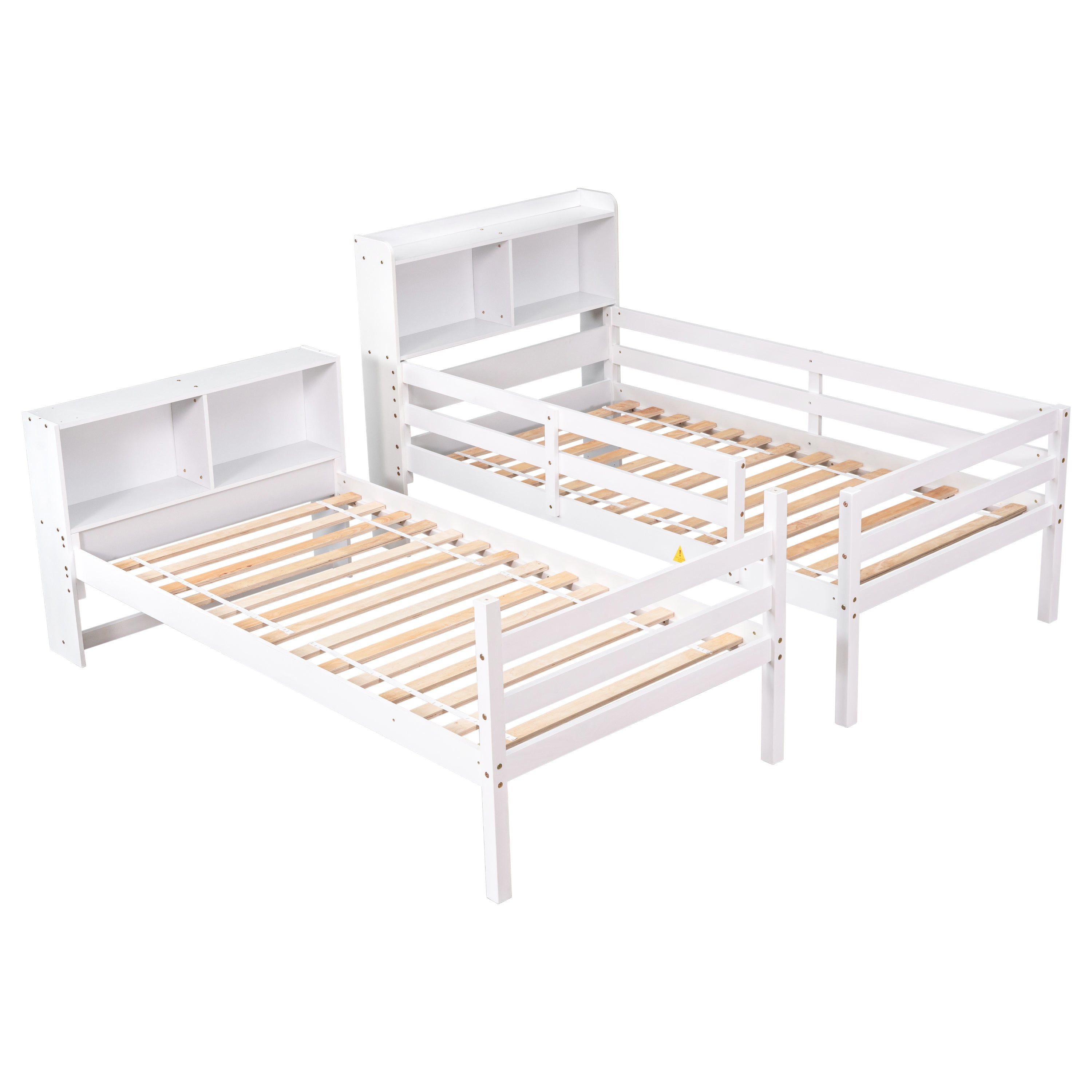 Twin Over Twin Bunk Beds with Bookcase Headboard, Solid Wood Bed Frame with Safety Rail and Ladder, Kids/Teens Bedroom, Guest Room Furniture, Can Be converted into 2 Beds, White