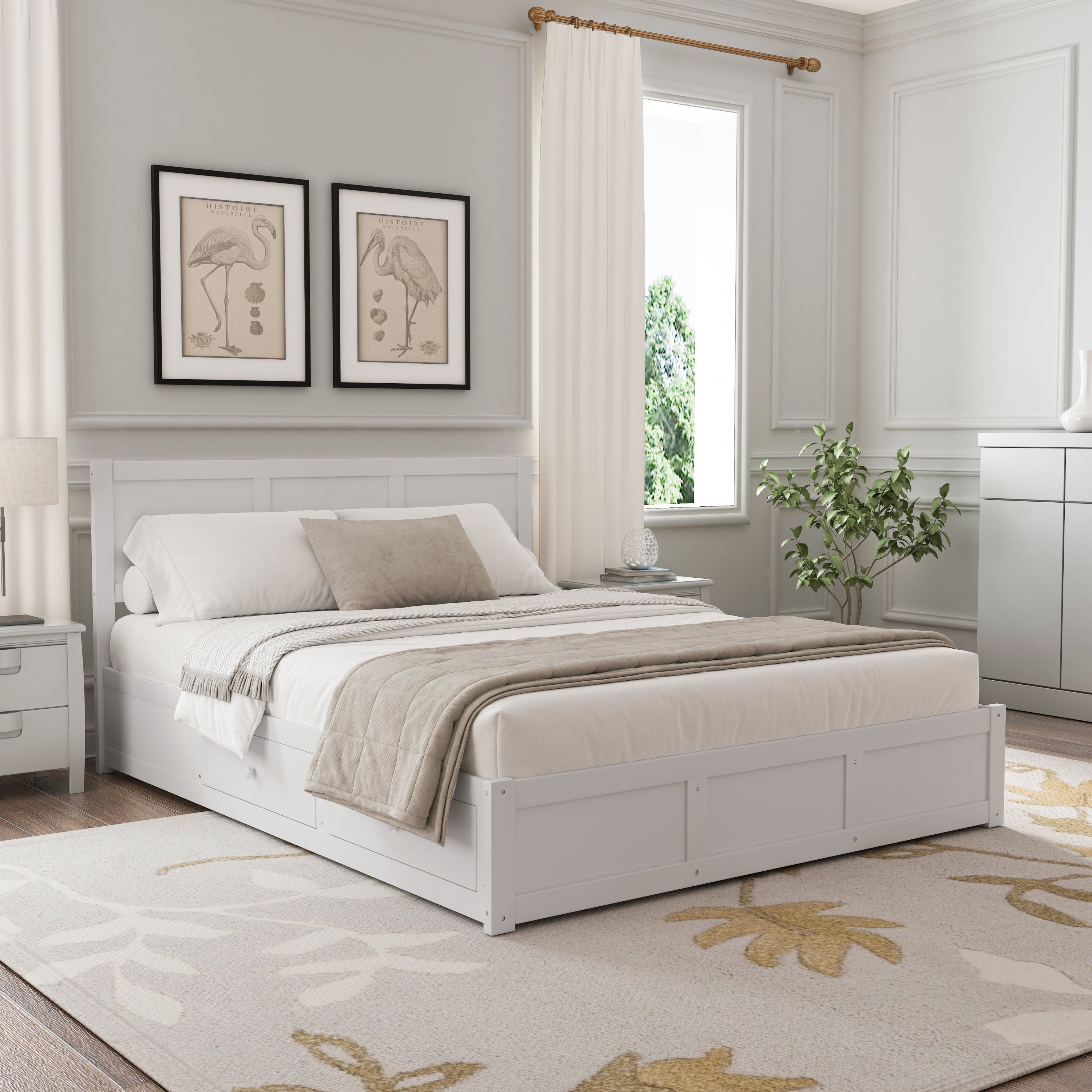 Luxury Queen Size Wood Platform Bed with Hydraulic Storage System and 2 Drawers,Streamlined Headboard & Footboard, White