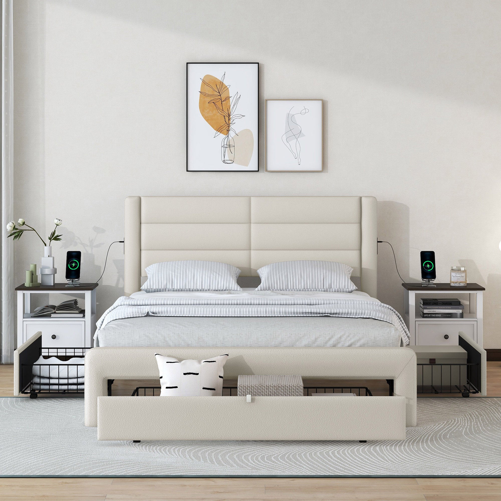 Queen Size Bed Frame with Drawers Storage, Leather Upholstered Platform Bed with Charging Station,Beige