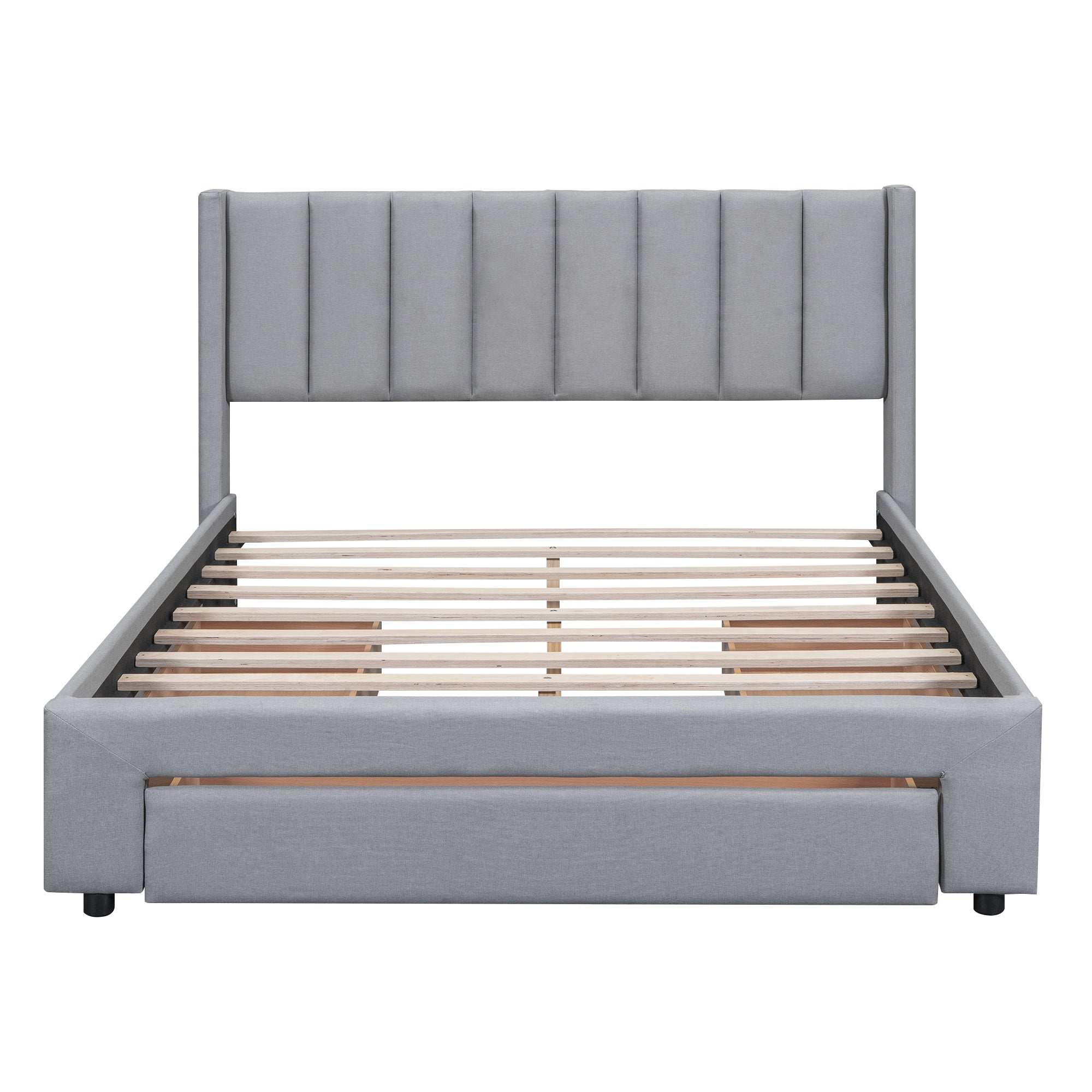 Queen Size Upholstered Platform Bed with One Large Drawer in the Footboard and Drawer on Each Side,Gray - Atlantic Fine Furniture Melbourne FL