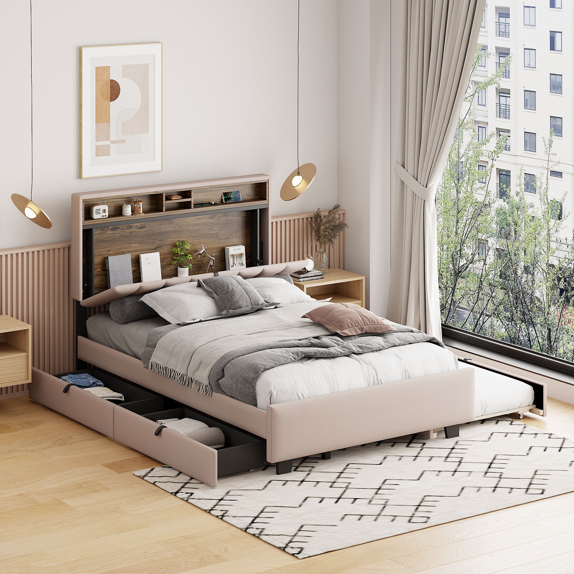 Full size Upholstered Platform Bed with Storage Headboard, Twin Size Trundle & 2 drawers and a set of Sockets & USB Ports, Linen Fabric, Beige - Atlantic Fine Furniture Melbourne FL
