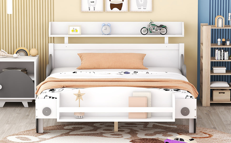 Full Size Car-Shaped Platform Bed,Full Bed with Storage Shelf for Bedroom,White - Atlantic Fine Furniture Melbourne FL