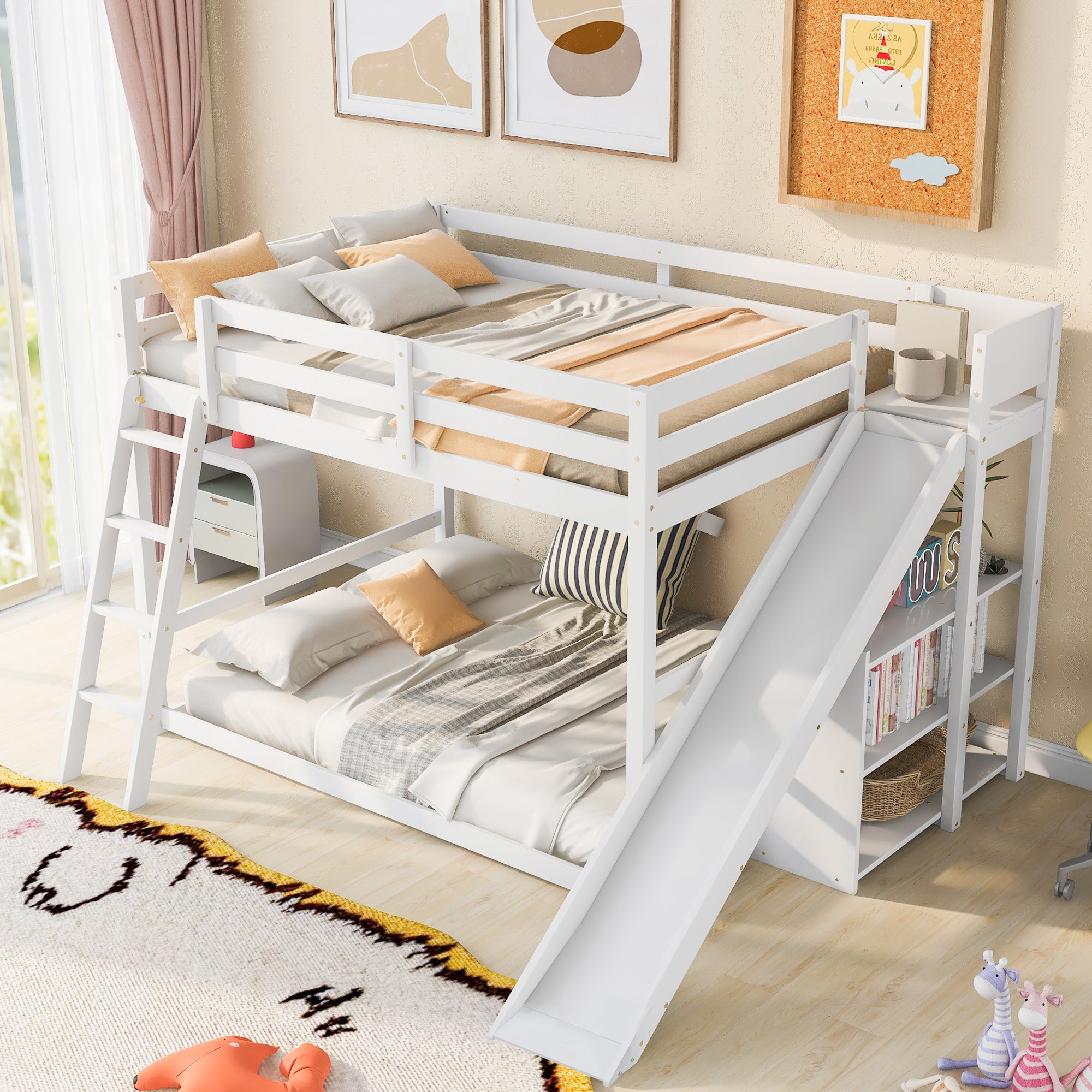 Full over Full Bunk Bed with Ladder, Slide and Shelves, White - Atlantic Fine Furniture Melbourne FL