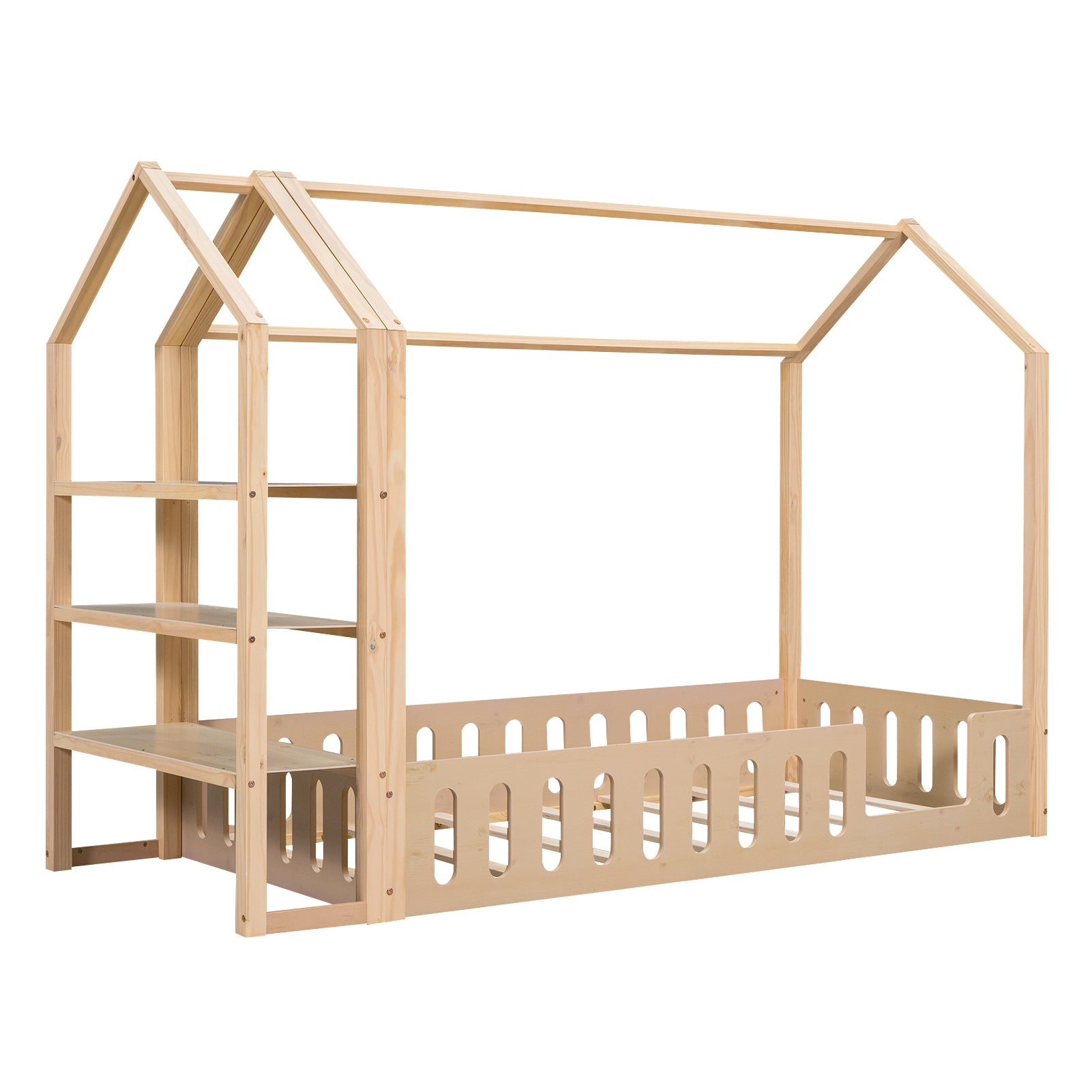 Twin Size Wood House Bed with Fence and Detachable Storage Shelves, Natural - Atlantic Fine Furniture Melbourne FL