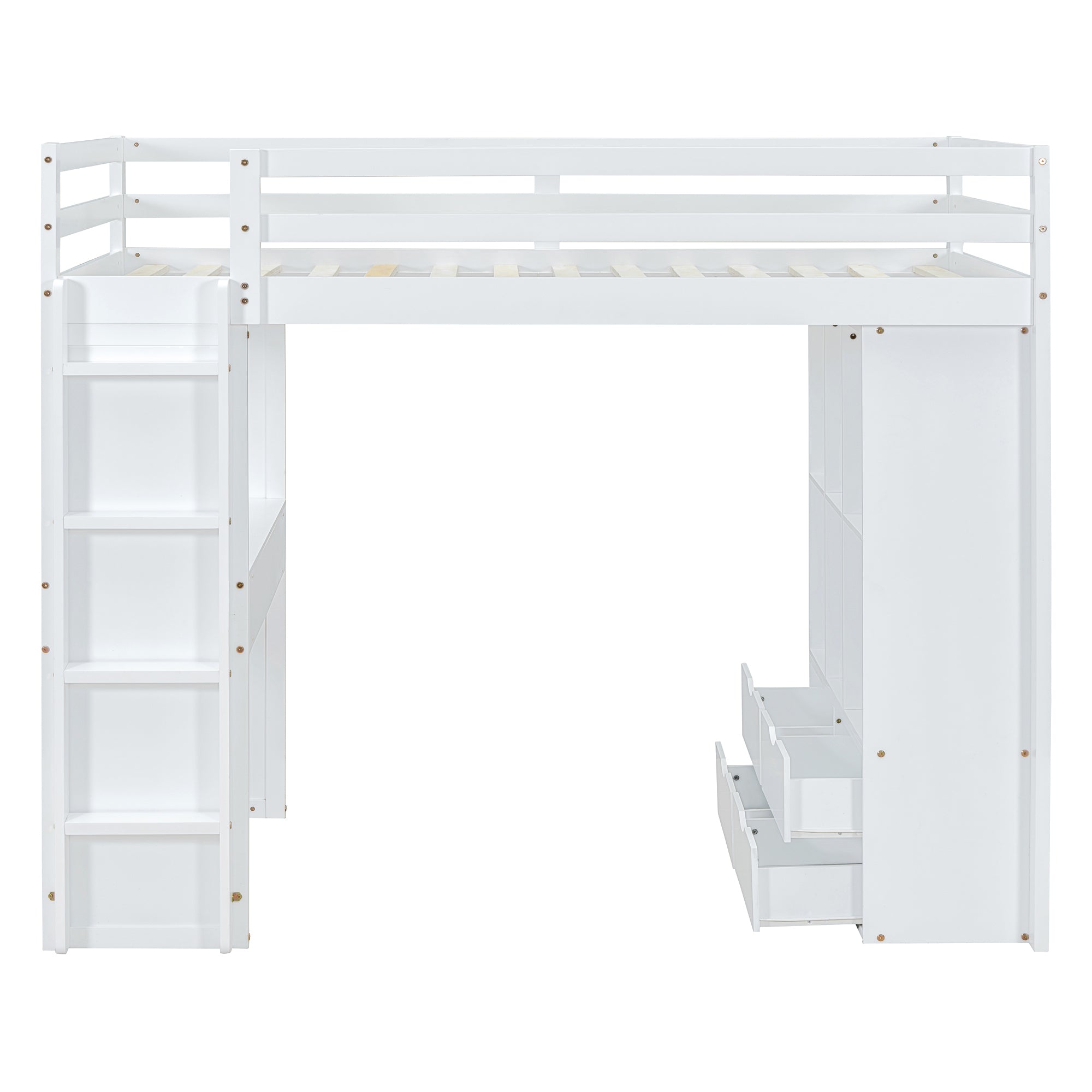 Full Size Loft Bed with large shelves, writing desk and LED Light, White - Atlantic Fine Furniture Melbourne FL
