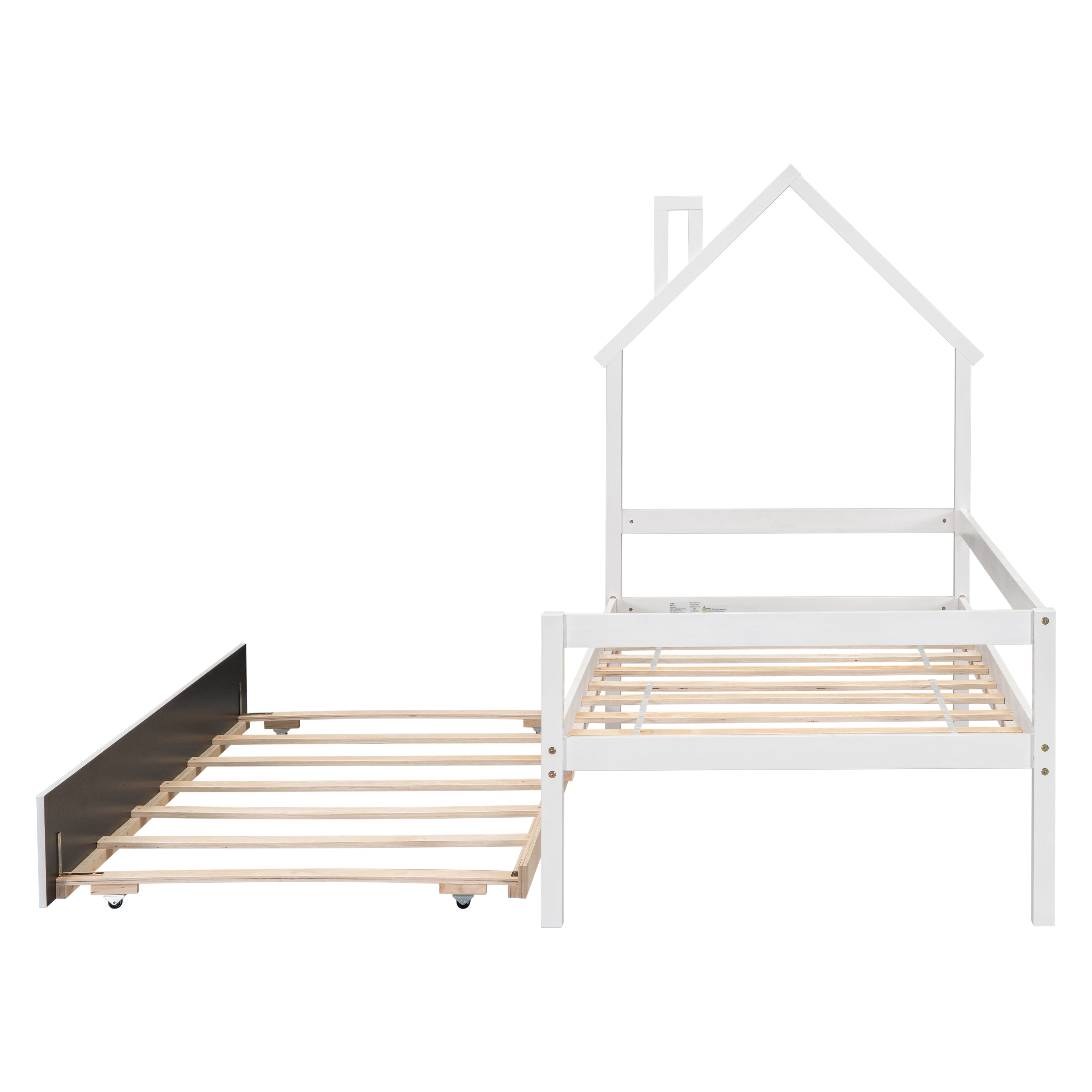 Twin House Wooden Daybed with trundle, Twin House-Shaped Headboard bed with Guardrails,White