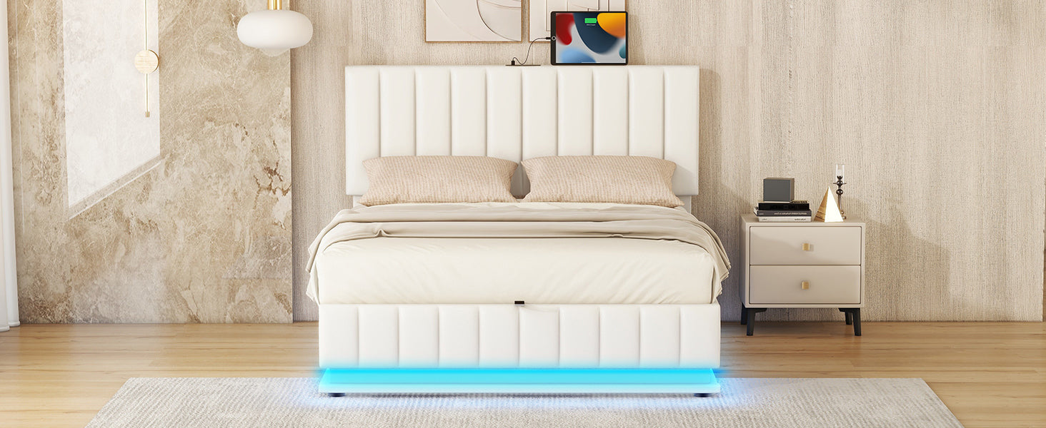Full Size Upholstered Bed with Hydraulic Storage System and LED Light, Modern Platform Bed with Sockets and USB Ports, White - Atlantic Fine Furniture Melbourne FL
