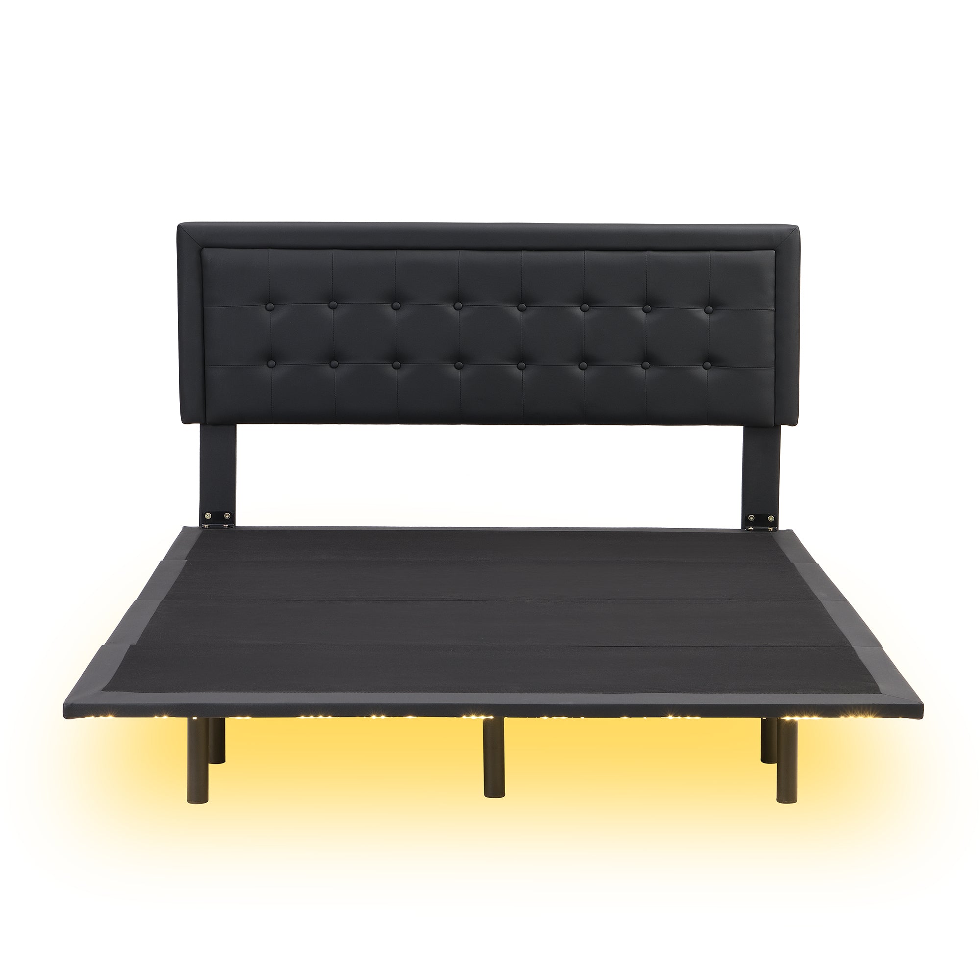 Queen Size Floating Bed Frame with Motion Activated Night Lights,Modern PU Upholstered Button Tufted Platform Bed Frame,Black - Atlantic Fine Furniture Melbourne FL