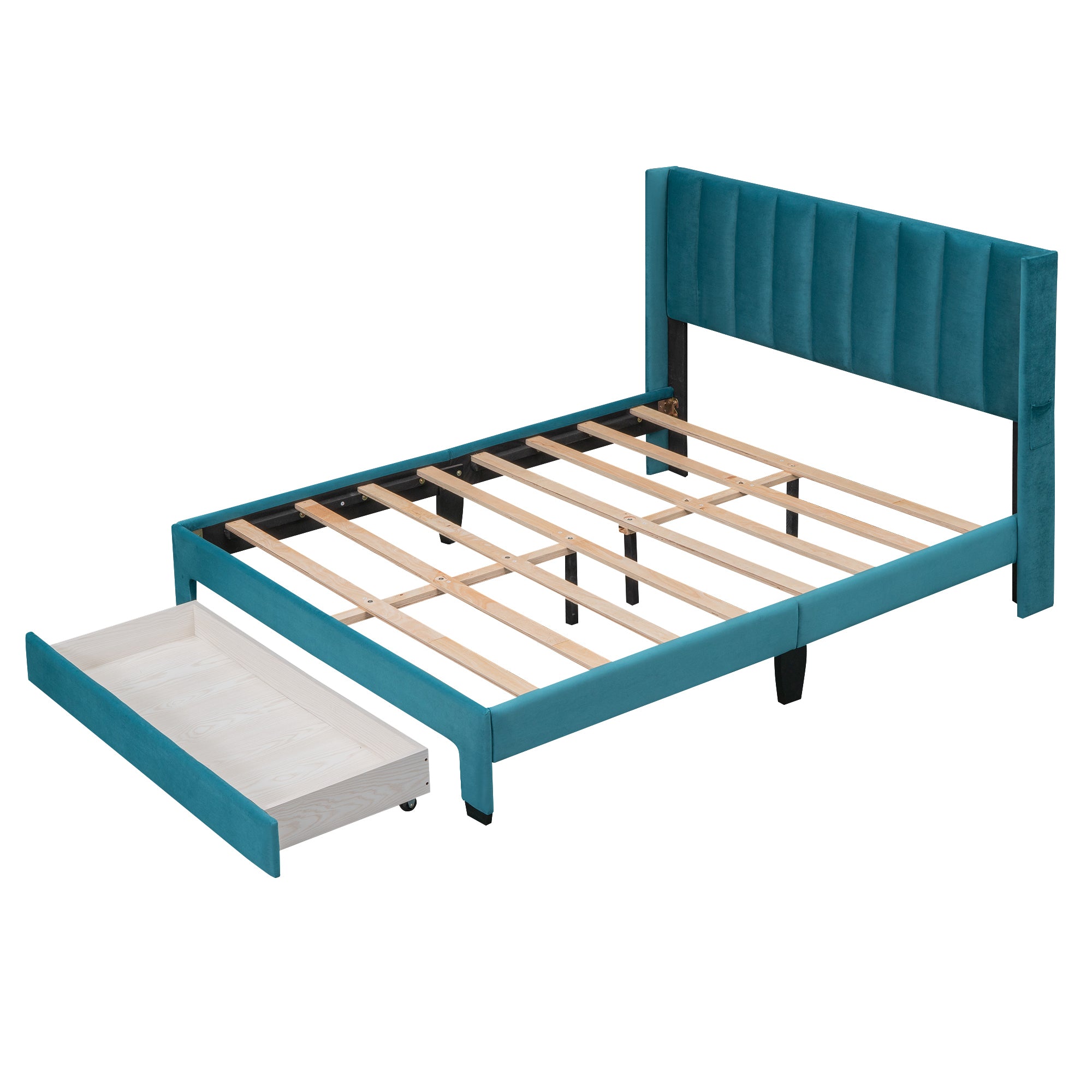 Queen Size Storage Bed Velvet Upholstered Platform Bed with a Big Drawer - Blue - Atlantic Fine Furniture Melbourne FL