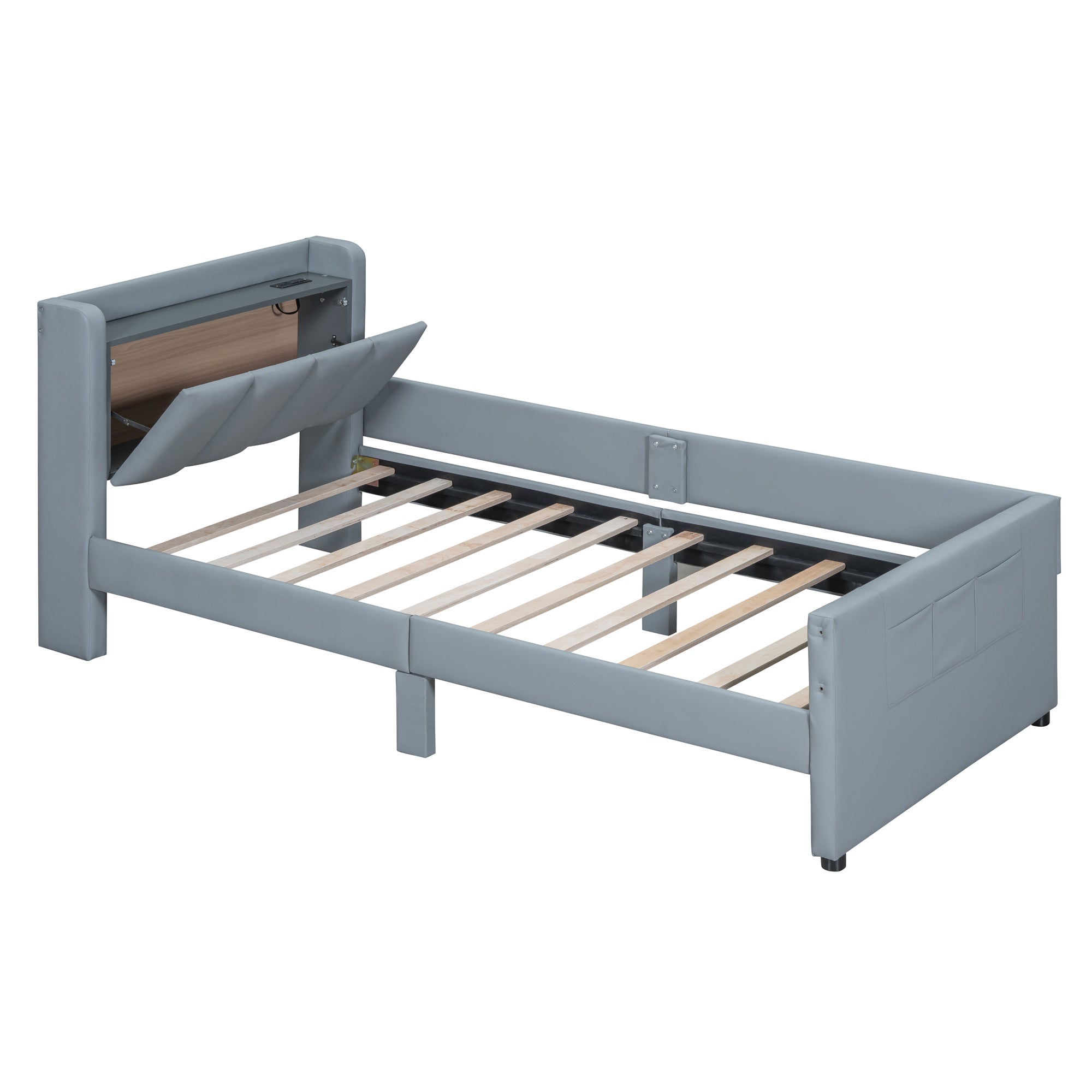 Queen Size & Twin XL Size Upholstered Platform Bed, Mother & Child Bed with Hydraulic Storage System, Drawer Box, Bedhead storage shelf and Two pairs of sockets & USB Ports, PU Leather, Gray - Atlantic Fine Furniture Melbourne FL