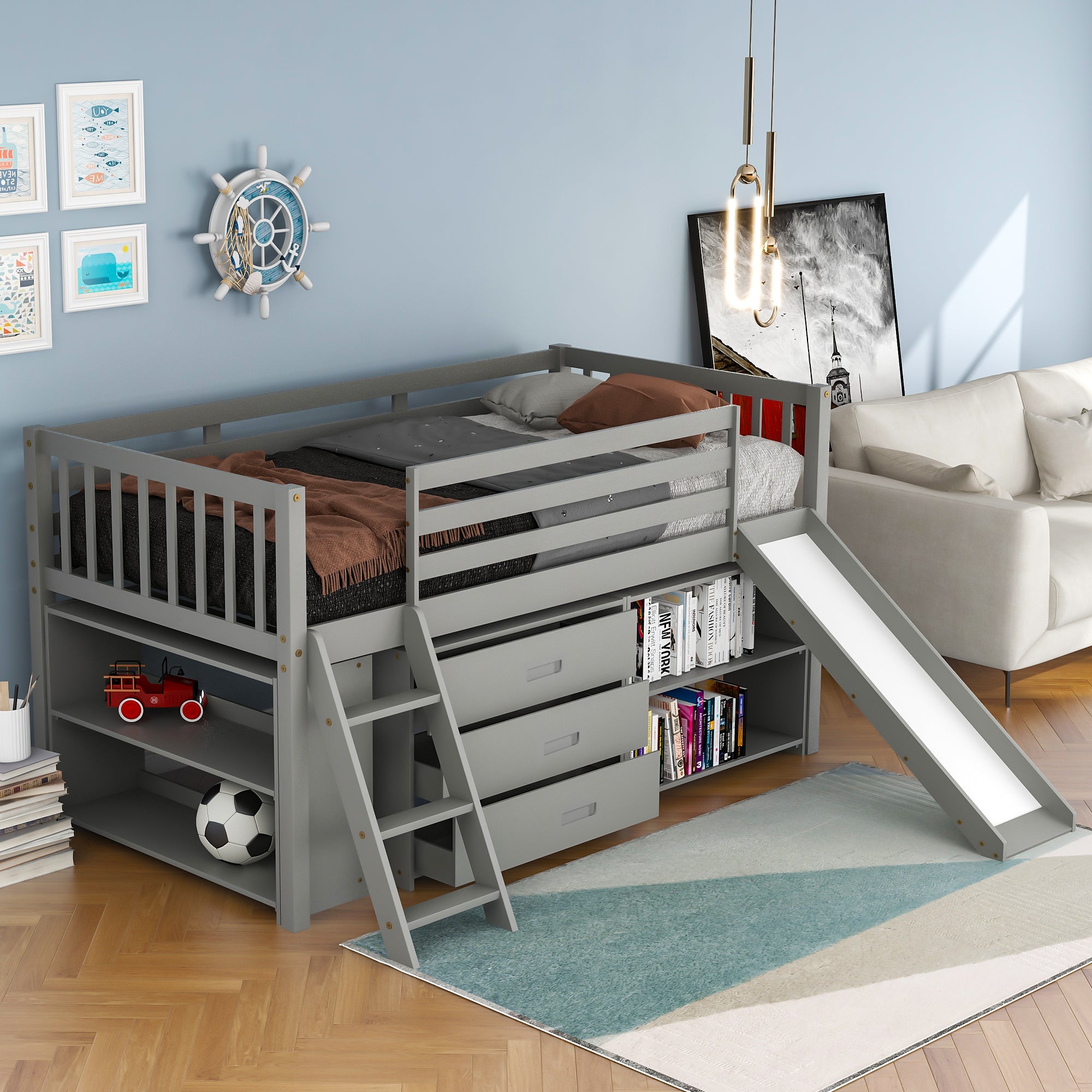 Low Loft Bed with Attached Bookcases and Separate 3-tier Drawers,Convertible Ladder and Slide,Twin,Gray - Atlantic Fine Furniture Melbourne FL