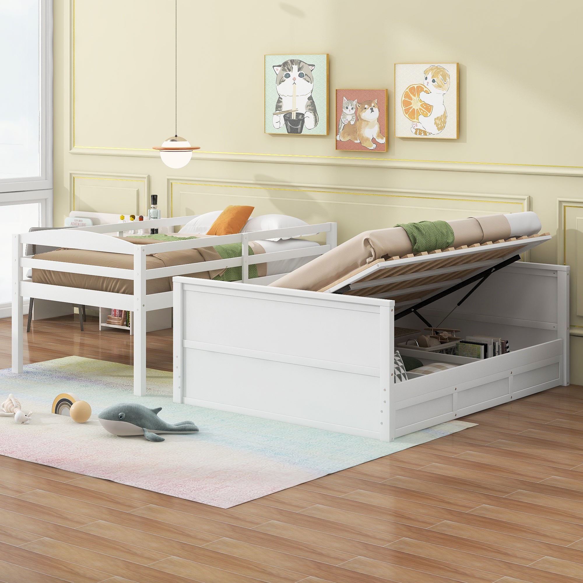 Wood Twin over Full Bunk Bed with Hydraulic Lift Up Storage, White - Atlantic Fine Furniture Melbourne FL