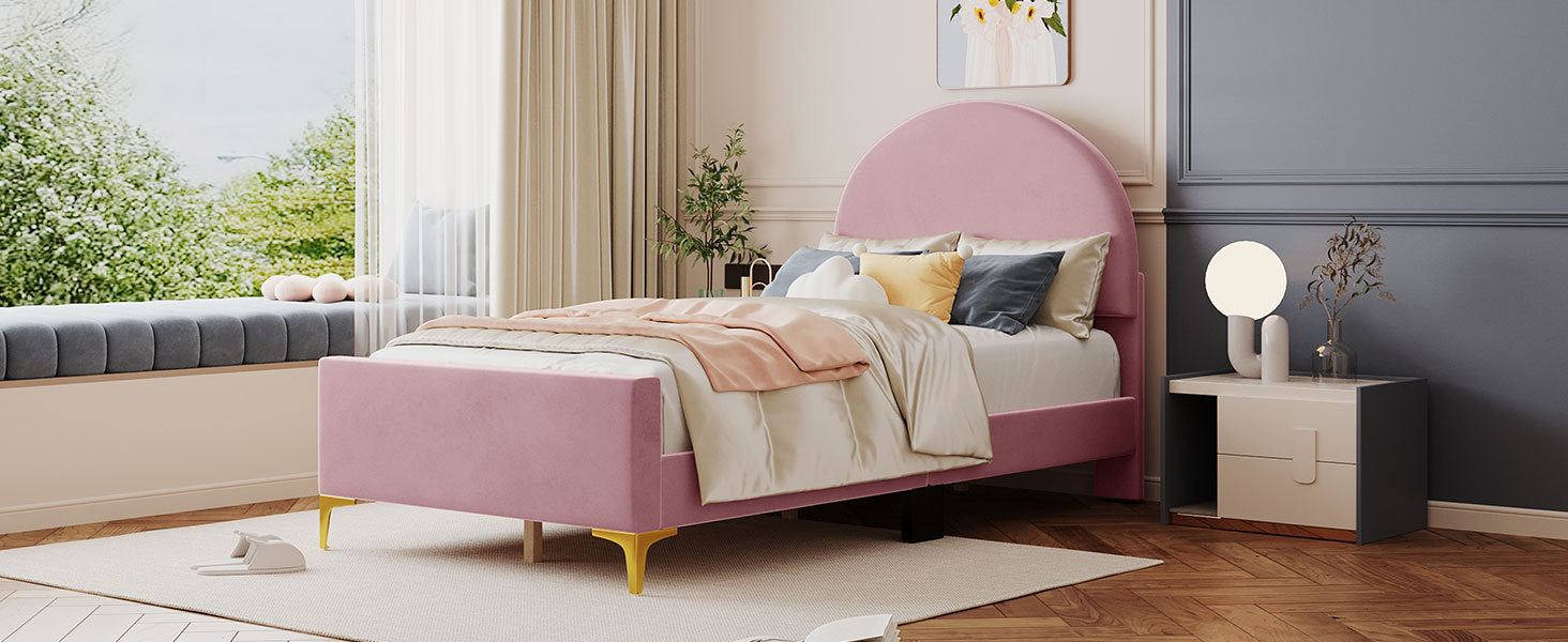 Twin Size Upholstered Platform Bed with Classic Semi-circle Shaped headboard and Mental Legs, Velvet, Pink - Atlantic Fine Furniture Melbourne FL