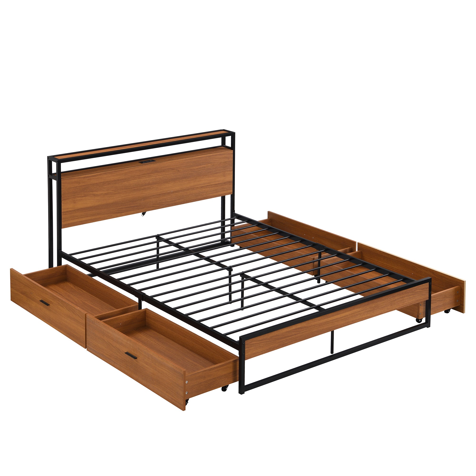 Queen Size Metal Platform Bed Frame with Four Drawers,Sockets and USB Ports ,Slat Support No Box Spring Needed Black - Atlantic Fine Furniture Melbourne FL
