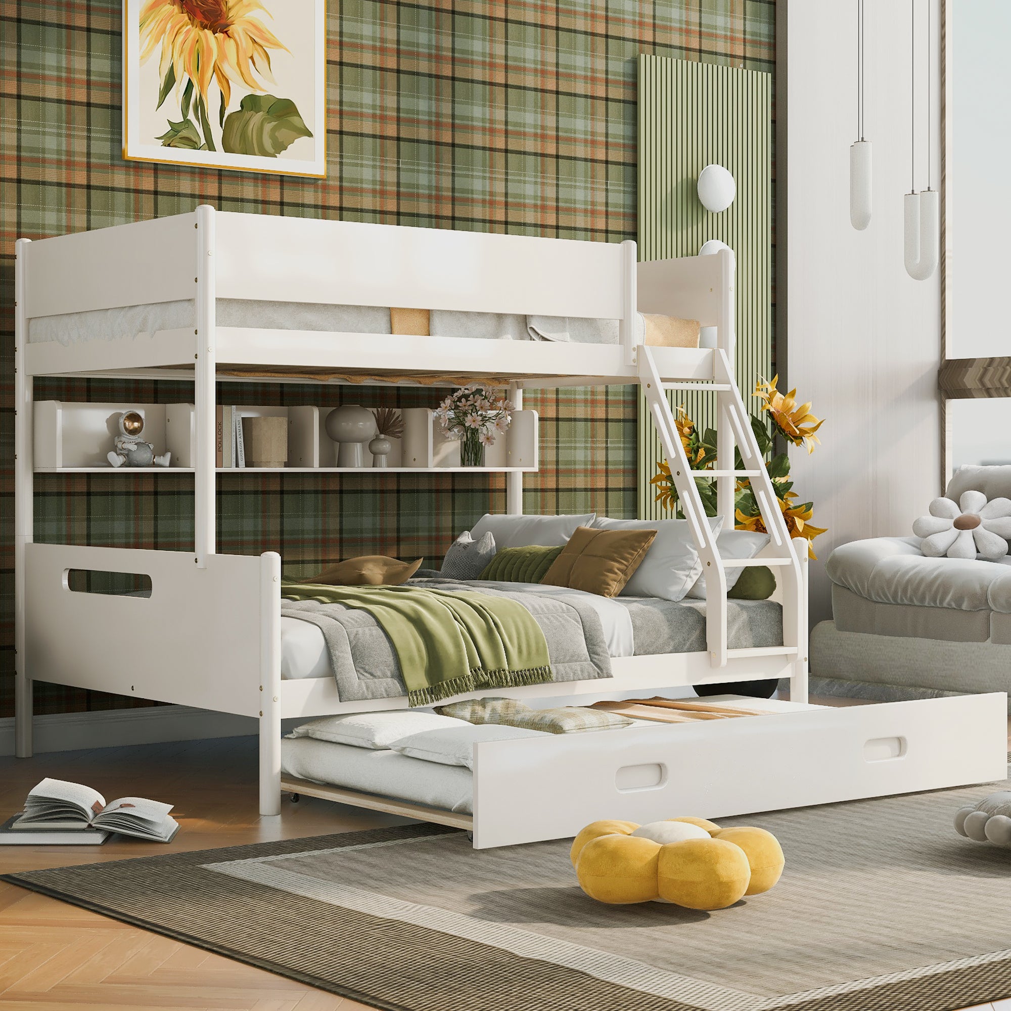 Wood Twin over Full Bunk Bed with Storage Shelves and Twin Size Trundle, Cream - Atlantic Fine Furniture Melbourne FL