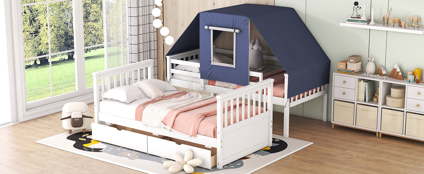 Twin Over Twin Bunk Bed Wood Bed with Tent and Drawers, White+Blue Tent - Atlantic Fine Furniture Melbourne FL