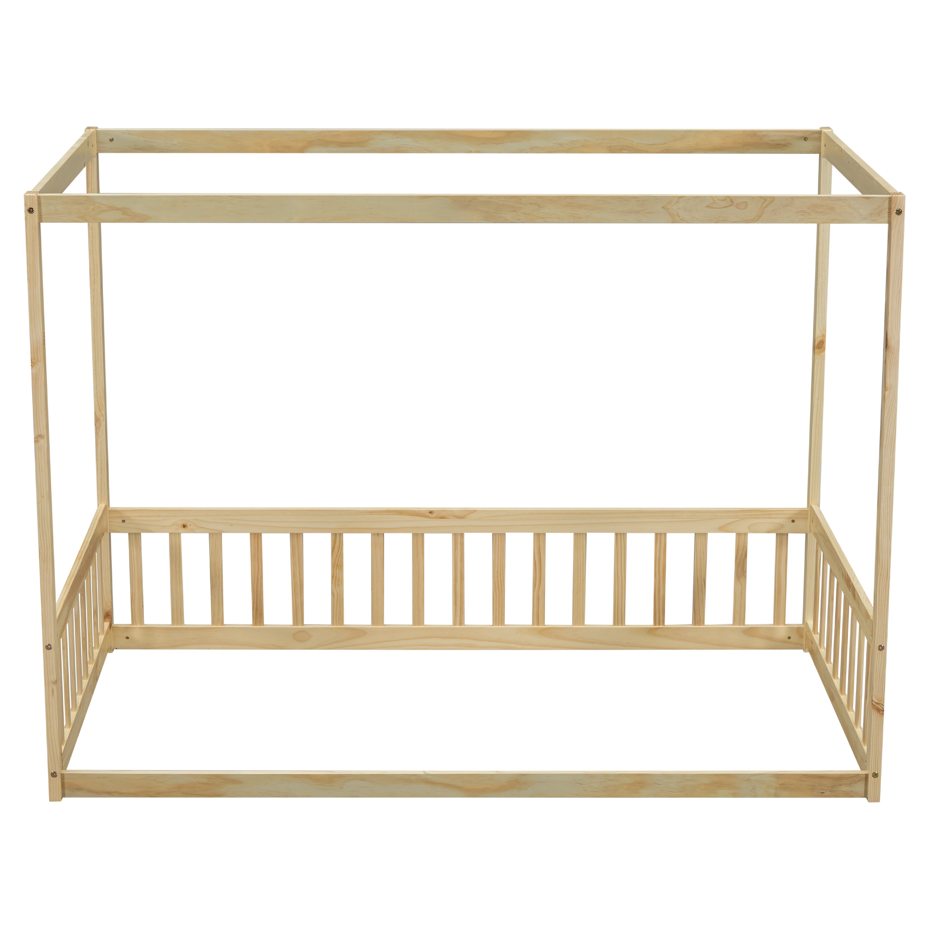 Twin Size Canopy Frame Floor Bed with Fence, Guardrails,Natural