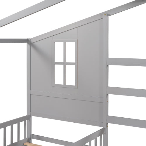 Wood House Bed Twin Size, 2 Twin Solid Bed L structure with fence and slatted frame, Gray - Atlantic Fine Furniture Melbourne FL