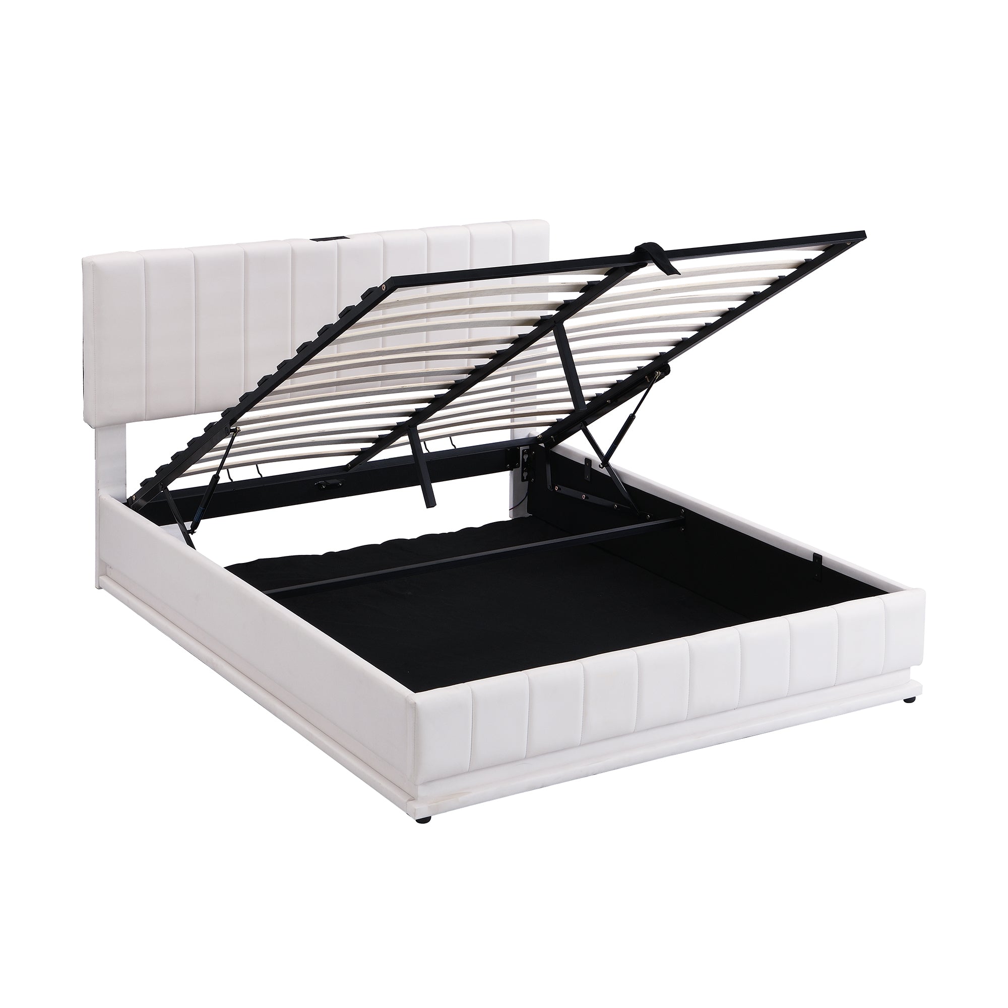 Queen Size Upholstered Bed with Hydraulic Storage System and LED Light, Modern Platform Bed with Sockets and USB Ports, White - Atlantic Fine Furniture Melbourne FL