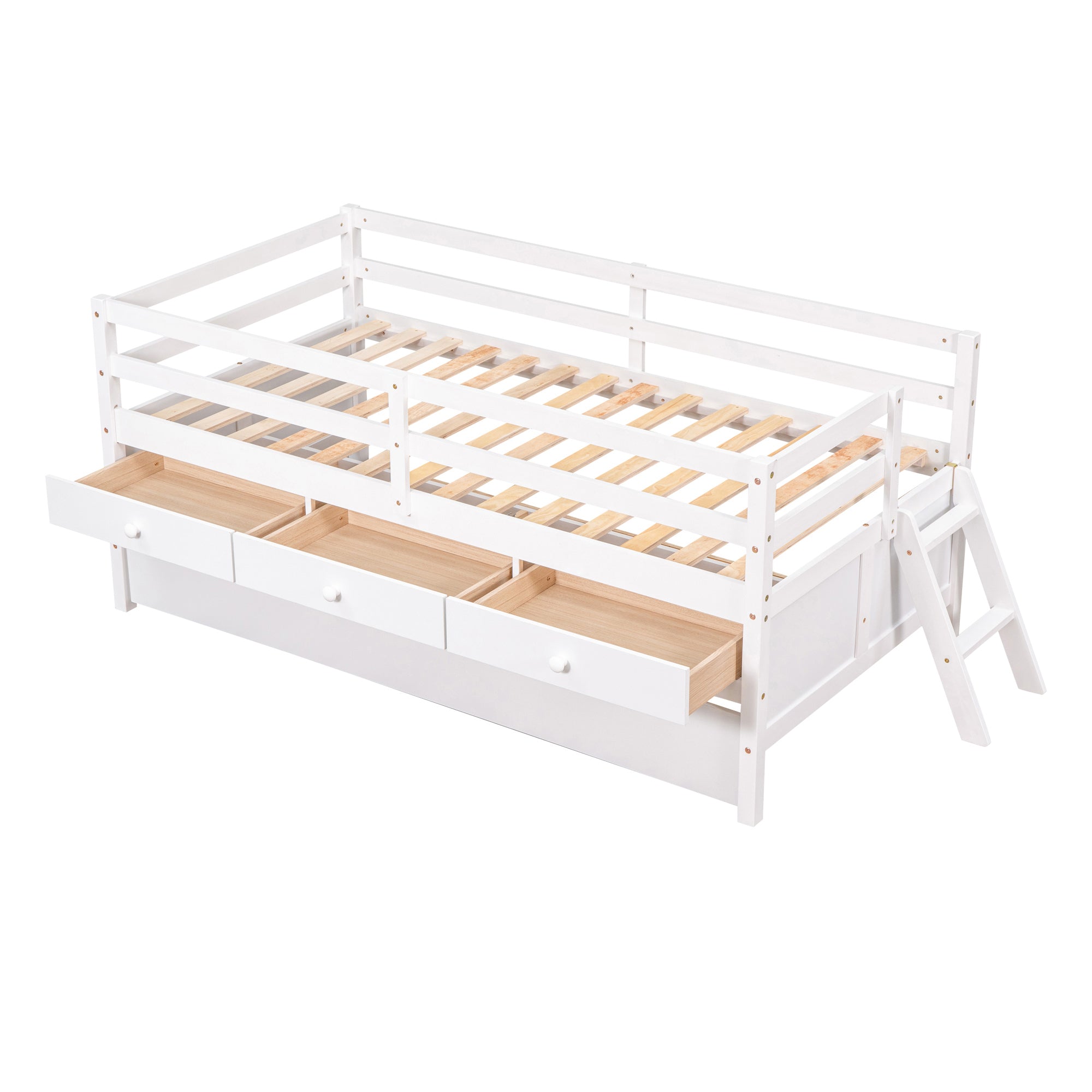 Low Loft Bed Twin Size with Full Safety Fence, Climbing ladder, Storage Drawers and Trundle White Solid Wood Bed - Atlantic Fine Furniture Melbourne FL