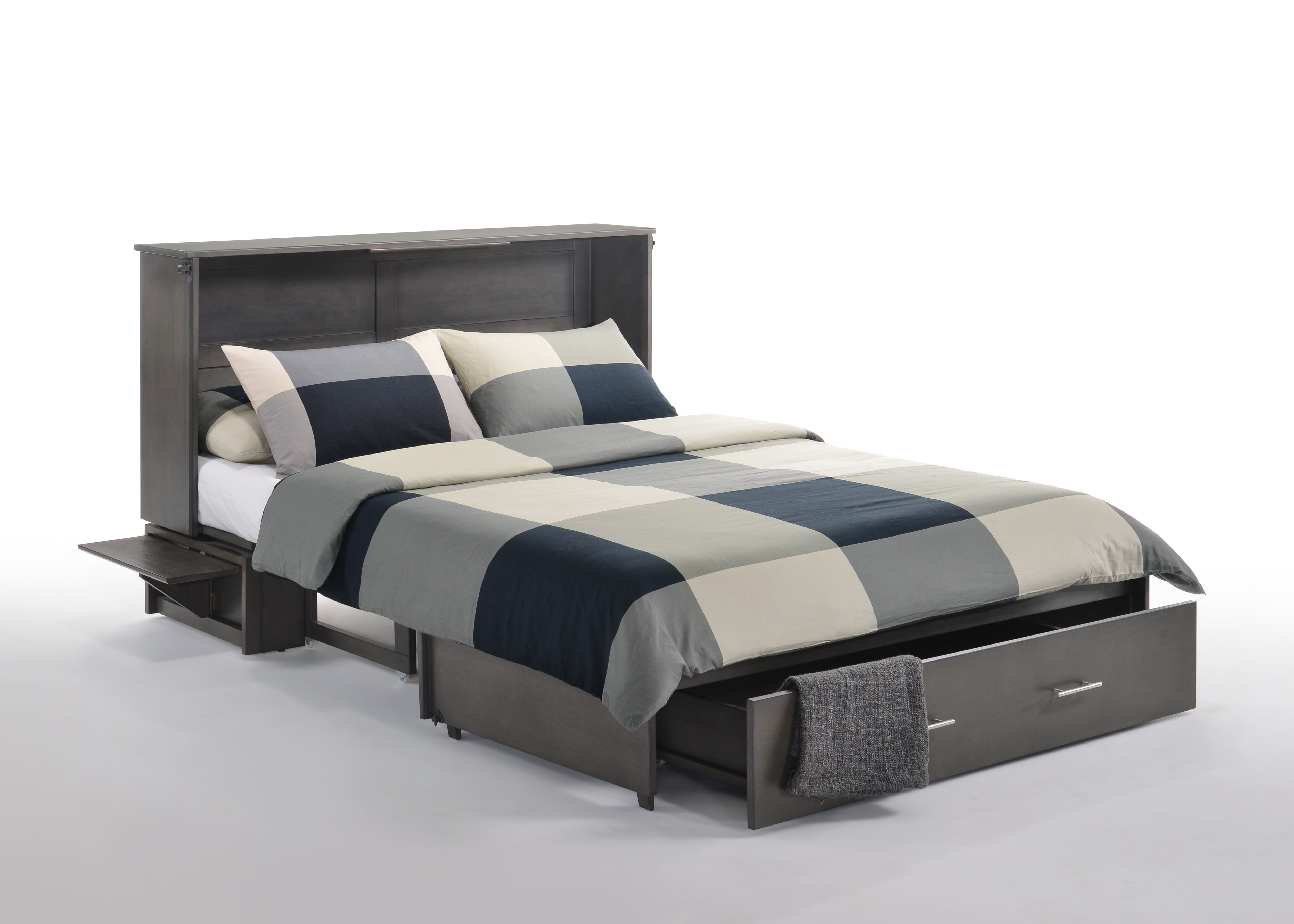 Sedona Murphy Cabinet Bed in Stonewash, open with folding trays up | Atlantic Fine Furniture, Melbourne FL