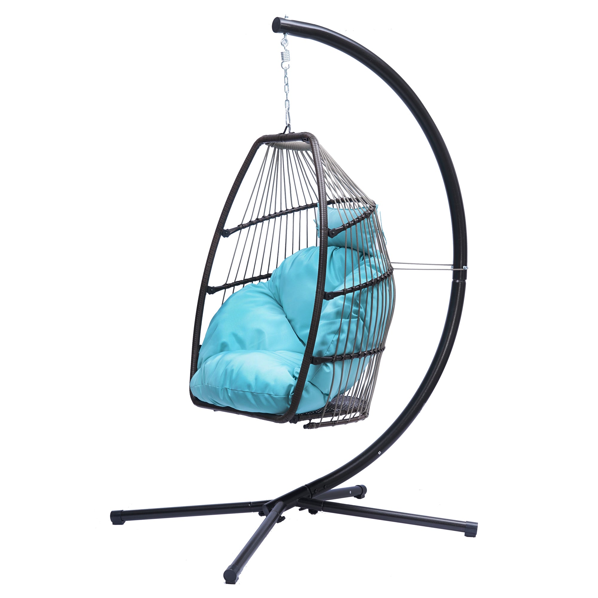Patio Wicker folding Hanging Chair,Rattan Swing Hammock Egg Chair with C Type bracket , with cushion and pillow,for Indoor,Outdoor,Blue - Atlantic Fine Furniture Inc