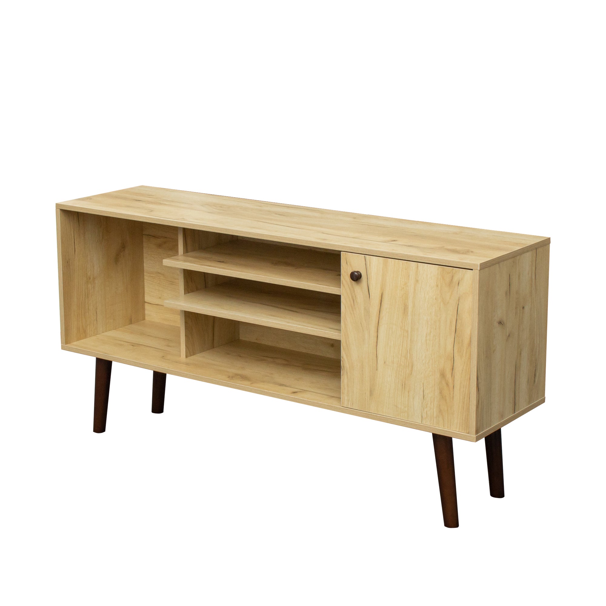 Mid-Century TV Stand for TVs up to 60 Inches, Entertainment Center with Open Storage Shelves & Cabinet, Modern TV Console for Living Room, Rustic Oak. - Atlantic Fine Furniture Inc