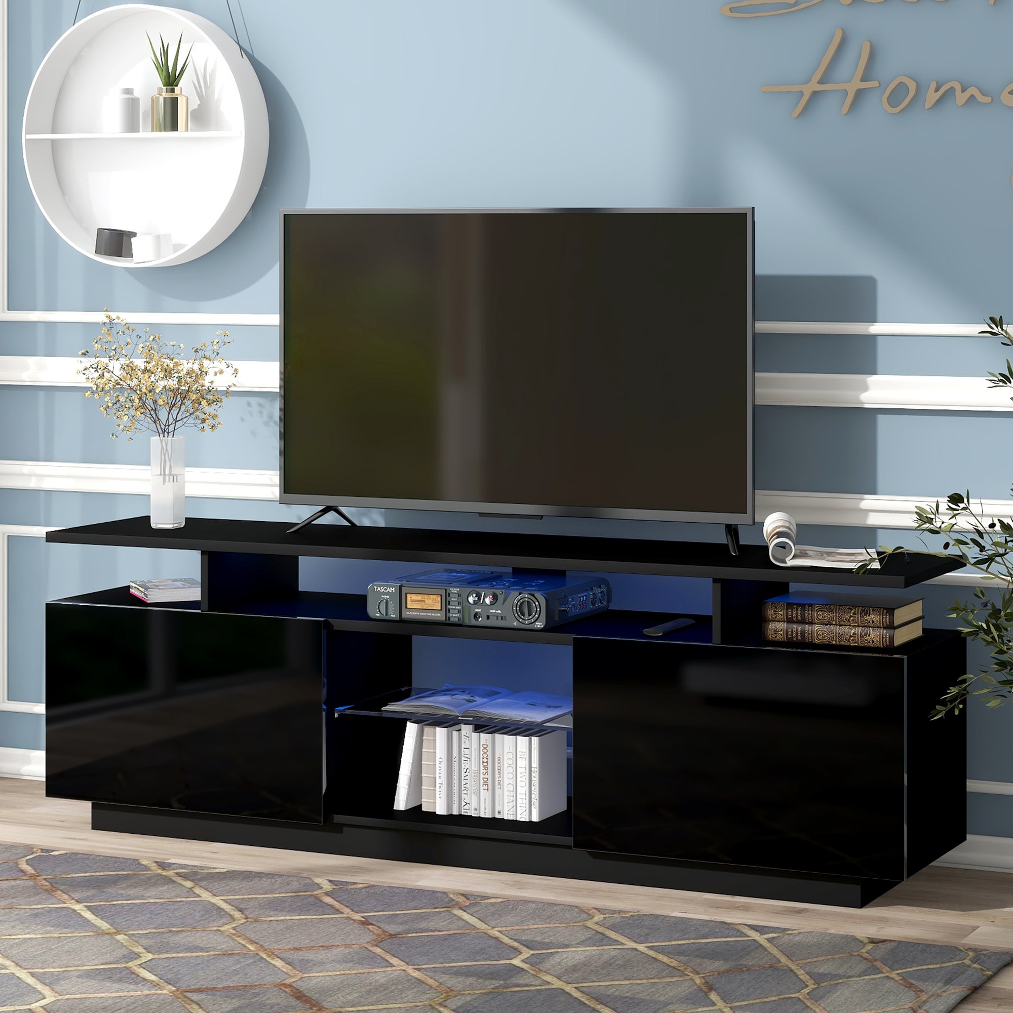 ON-TREND Modern TV Stand for TVs up to 65inches with LED lights, 16 Colors, for Livingroom, Bedroom, Black (OLD SKU: WF280706AAB) - Atlantic Fine Furniture Inc