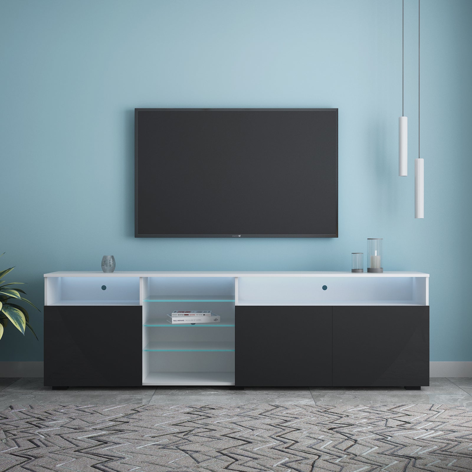 TV Stand High Gloss Doors Modern TV Stand LED(White/Black) - Atlantic Fine Furniture Inc