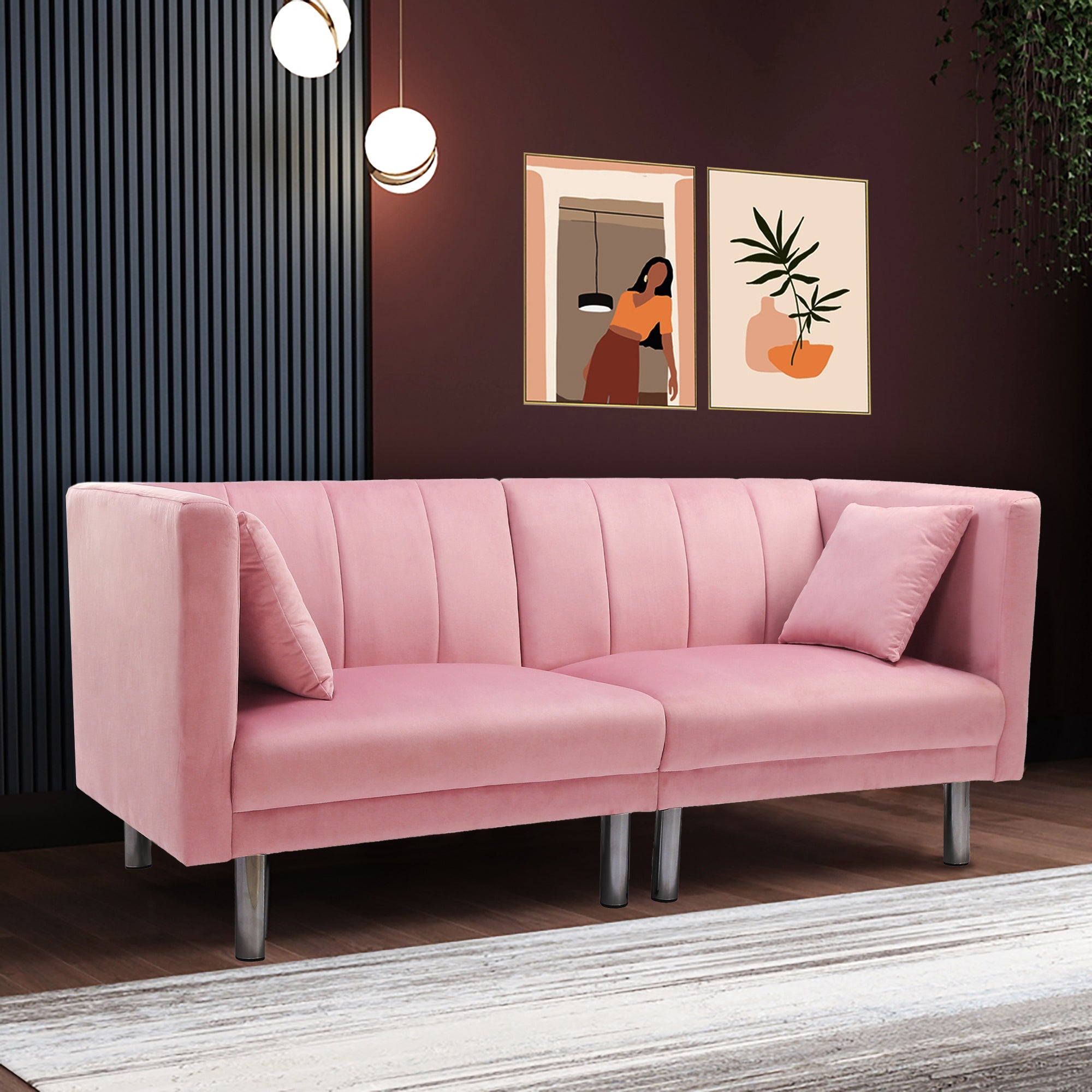 FUTON SOFA SLEEPER PINK VELVET METAL LEGS(W223S01330) - Atlantic Fine Furniture Inc
