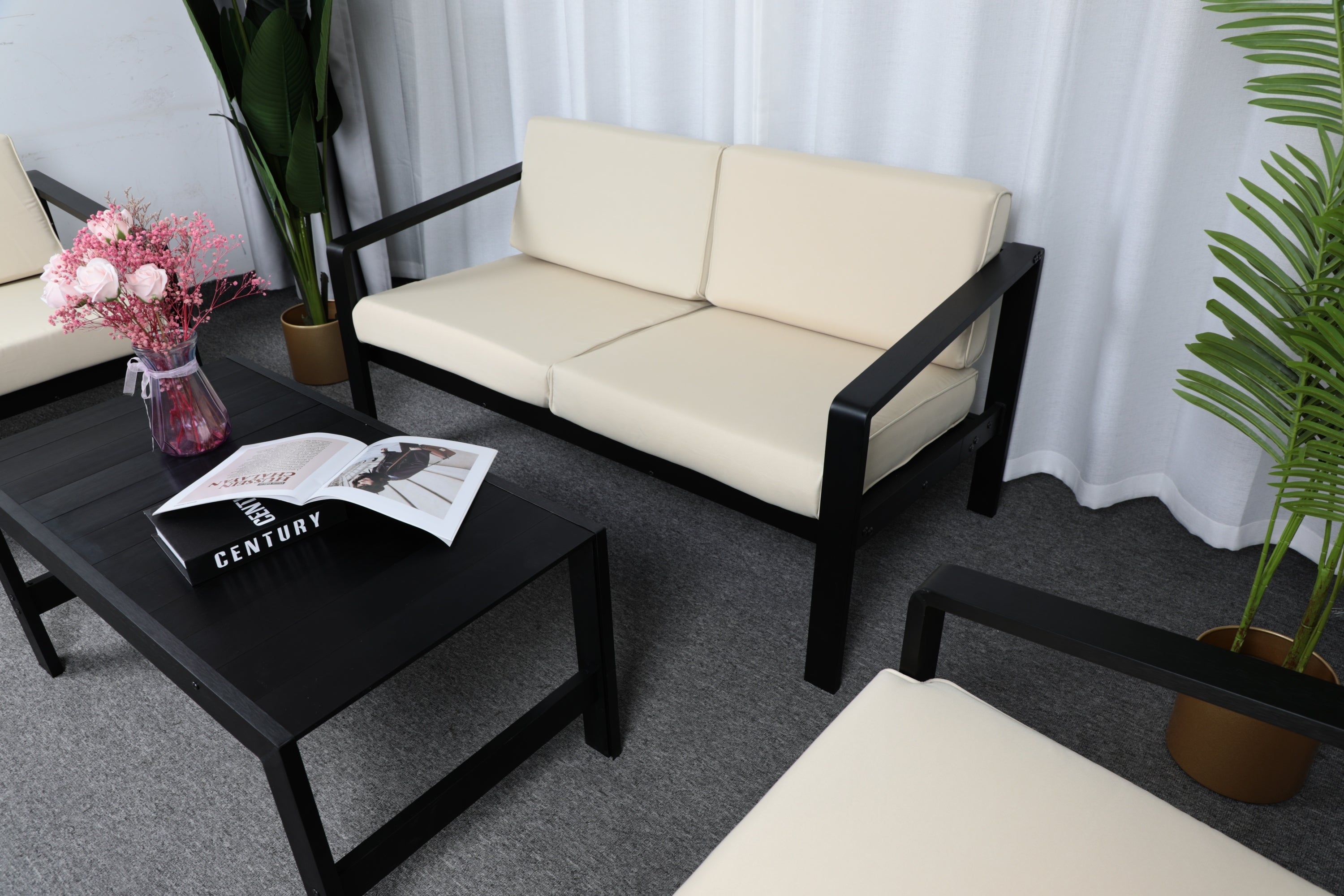 Outdoor Patio Furniture Double Armchair with Cushions in stripe for Restaurant Outdoor courtyard Garden Open-air balcony Poolside,Black aluminum fram,Modern Design - Atlantic Fine Furniture Inc