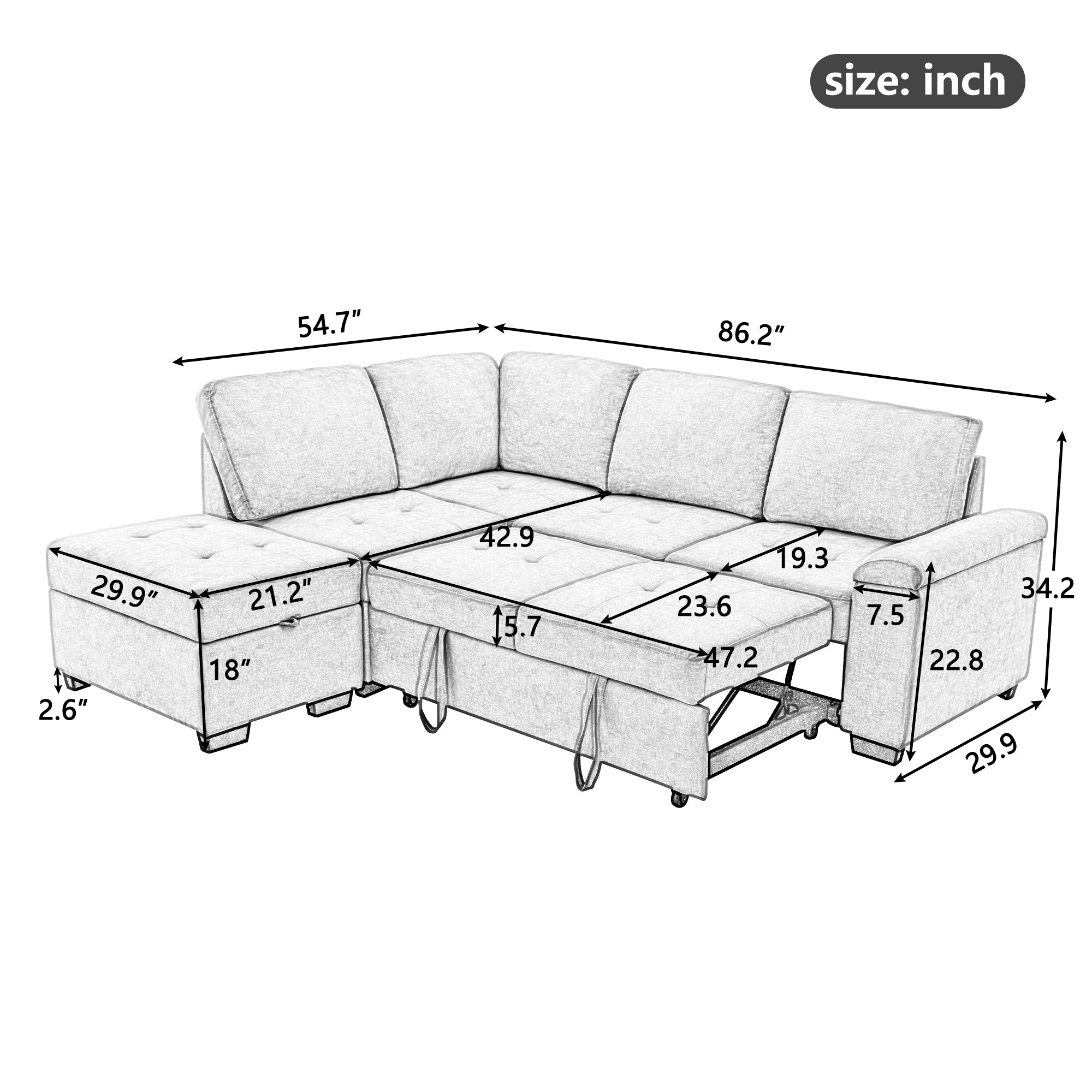 Orisfur. 86" Sleeper Sectional Sofa, L-Shape Corner Couch Sofa-Bed with Storage Ottoman & Hidden Arm Storage for Living Room Apartment - Atlantic Fine Furniture Inc