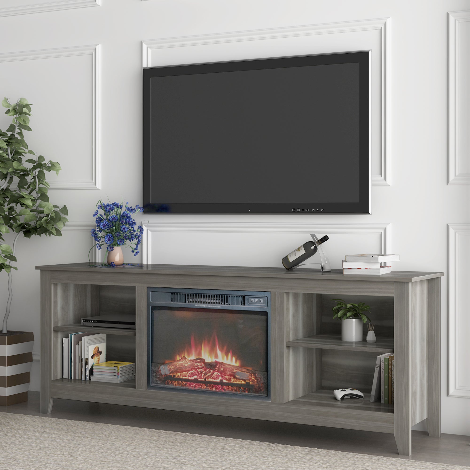 The television cabinet/ TV stand with an electronic fireplace,can be assembled in Lounge Room,Living Room or Bedroom,colour: Gray - Atlantic Fine Furniture Inc