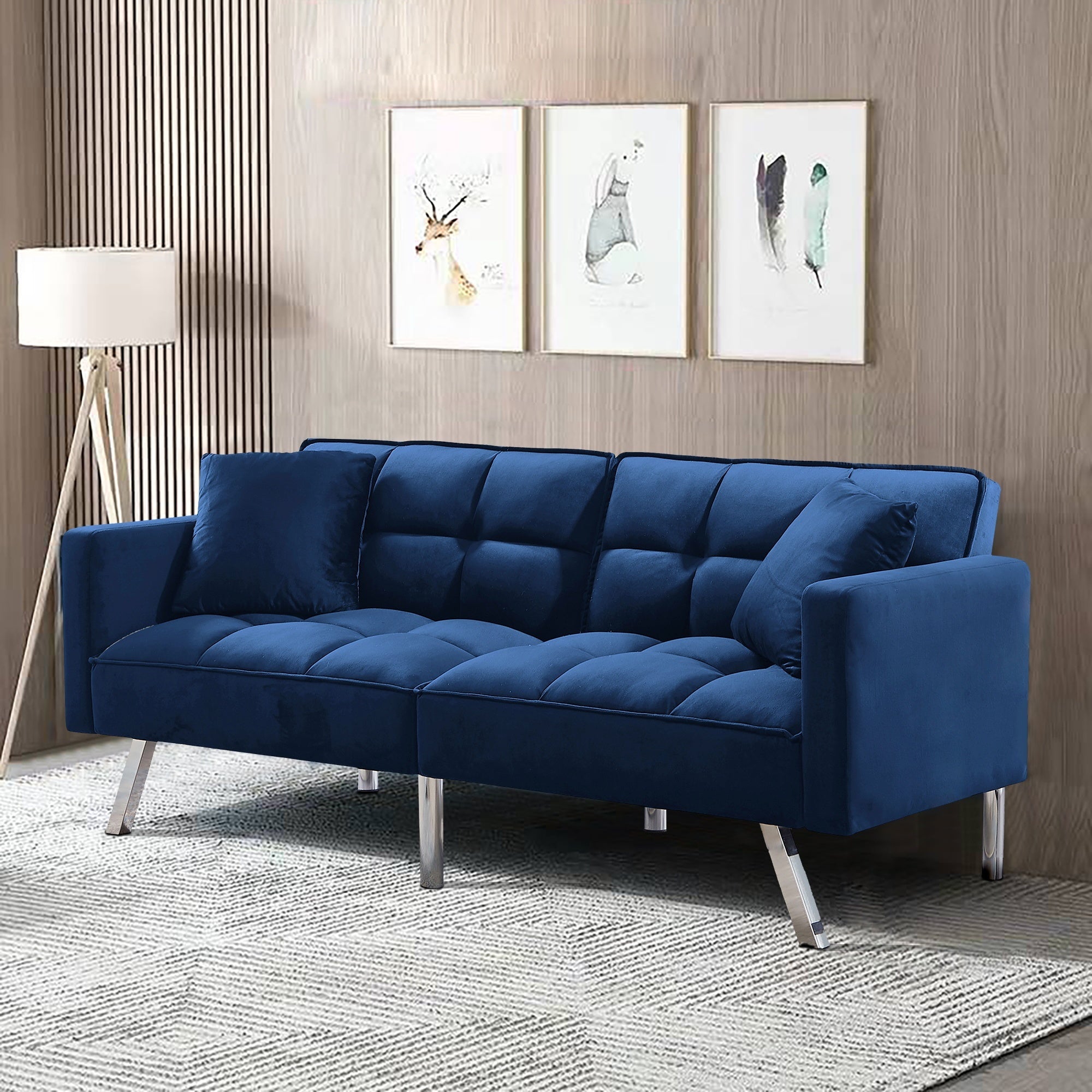 FUTON SOFA SLEEPER NAVY BLUE VELVET WITH 2 PILLOWS(same as W223S01432、W223S00357。Size difference, See Details in page.) - Atlantic Fine Furniture Inc