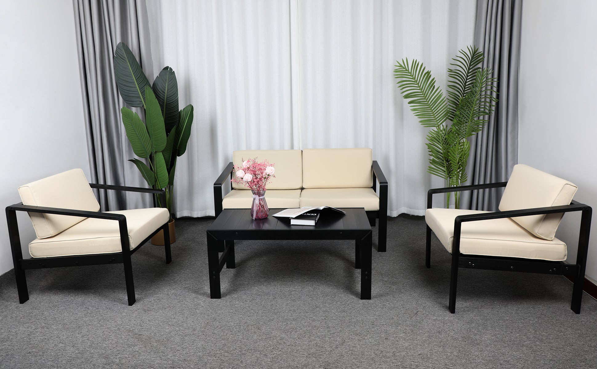 Outdoor Patio Furniture Double Armchair with Cushions in stripe for Restaurant Outdoor courtyard Garden Open-air balcony Poolside,Black aluminum fram,Modern Design - Atlantic Fine Furniture Inc